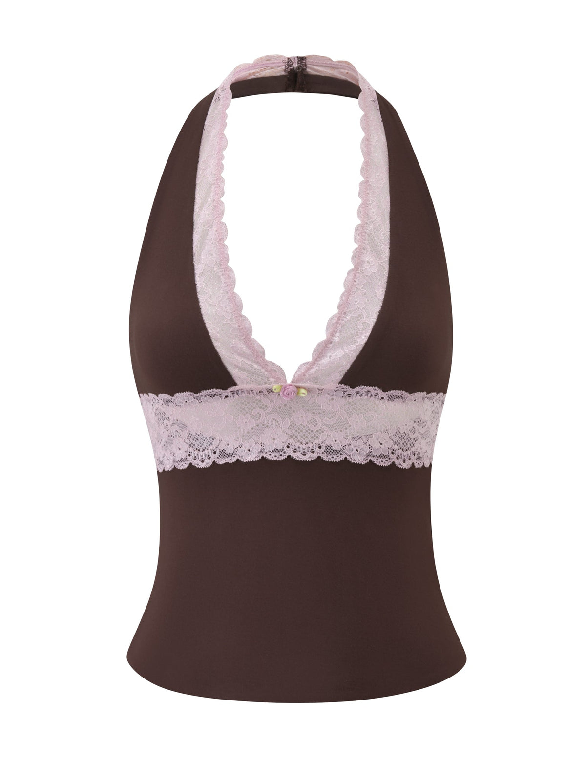 CALINA PLUNGE LACE TOP - CHOCOLATE halter-neck top featuring a deep V-neckline trimmed with pink lace and a small floral detail at the center.