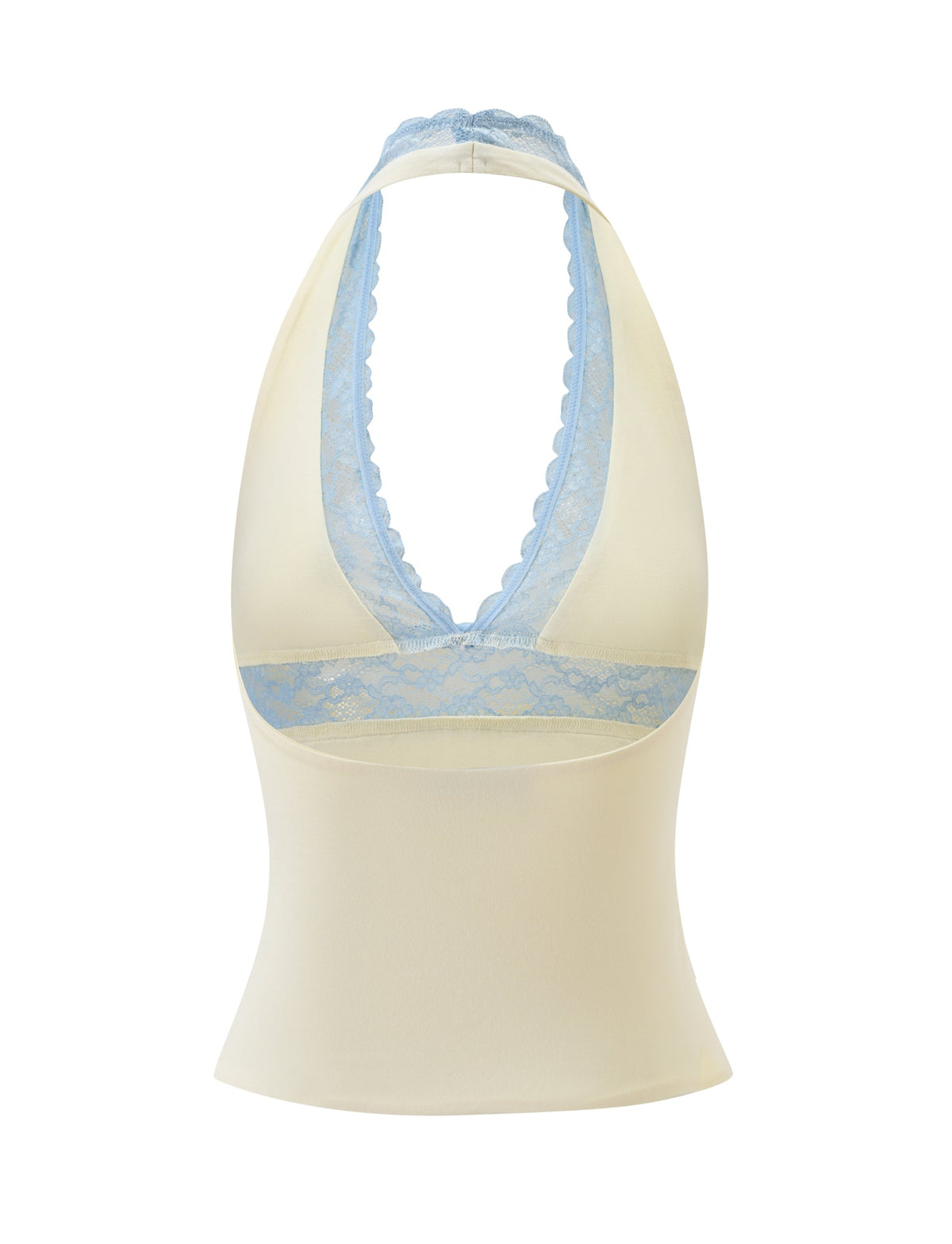 The CALINA PLUNGE LACE TOP by TIGERMIST is a cream halter neck, sleeveless top with a deep V-neckline, open back, and delicate blue lace trims for a soft, feminine look.