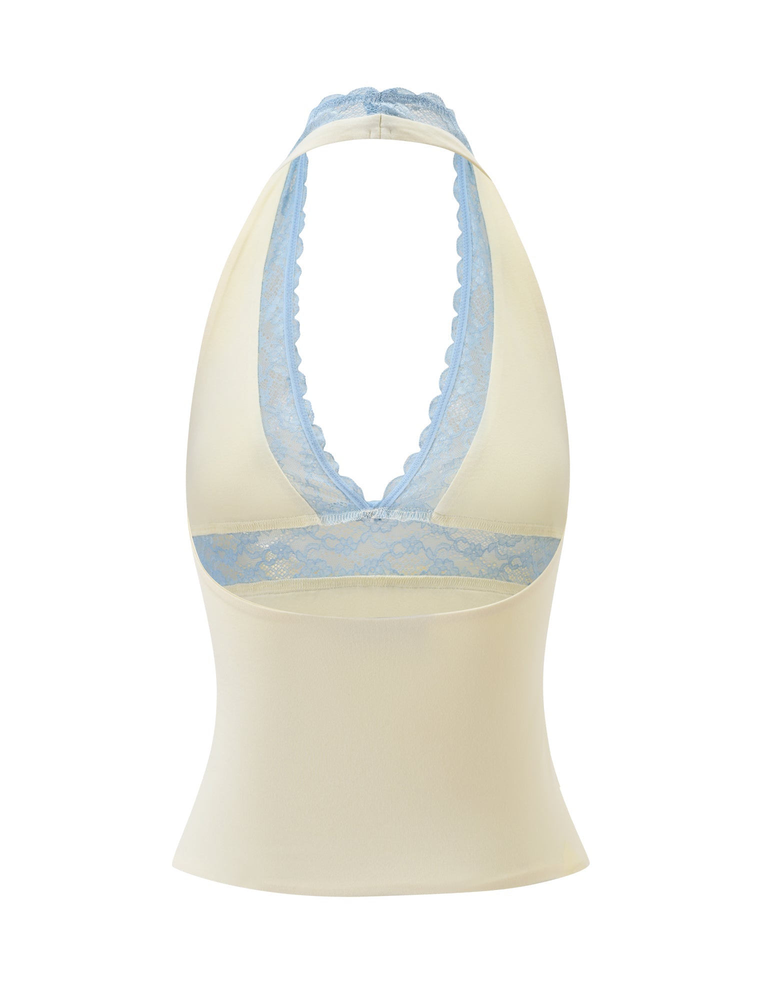 The CALINA PLUNGE LACE TOP by TIGERMIST is a cream halter neck, sleeveless top with a deep V-neckline, open back, and delicate blue lace trims for a soft, feminine look.