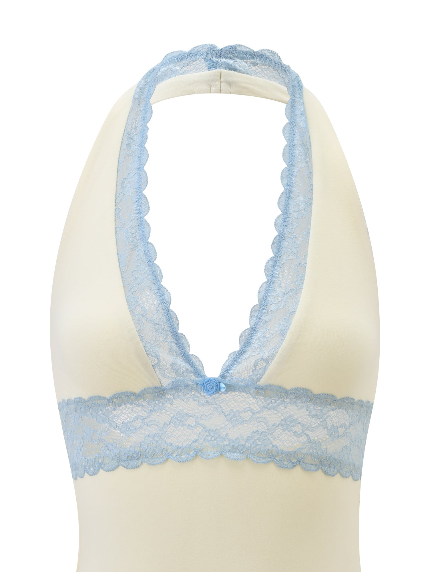 The CALINA PLUNGE LACE TOP - CREAM by TIGERMIST is a cream halter neck top with an open back, detailed with light blue lace trims along the deep V neckline and underbust, displayed on a mannequin torso.