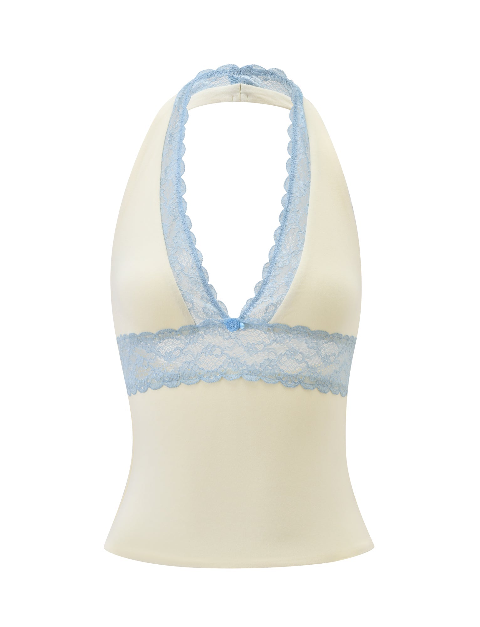 The CALINA PLUNGE LACE TOP by TIGERMIST features a cream halter neckline, delicate blue lace trims at the neck and underbust, and an open back for a feminine touch.