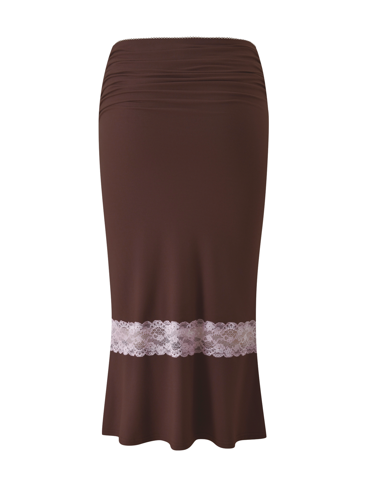 CALINA LACE PANEL MIDI SKIRT - CHOCOLATE in a mermaid silhouette with a gathered waistband and a wide pink lace panel near the hem.
