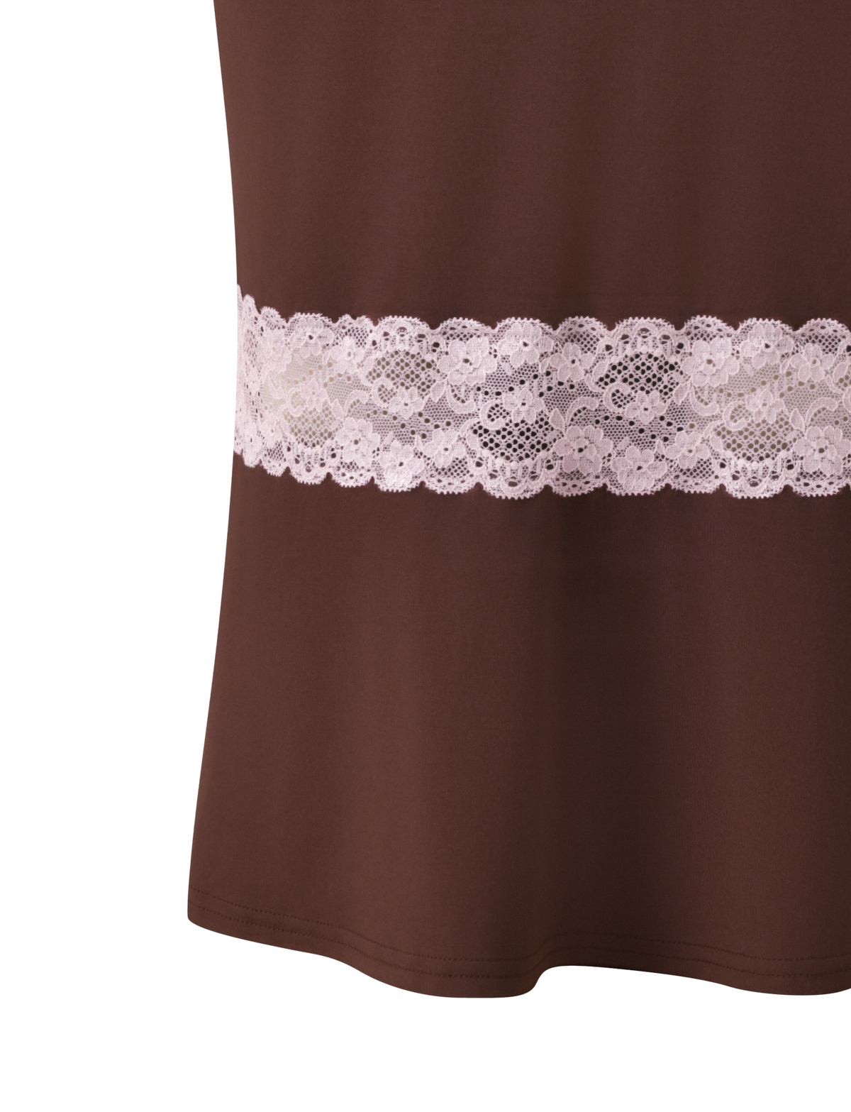 CALINA LACE PANEL MIDI SKIRT - CHOCOLATE: a chocolate brown midi skirt featuring a horizontal band of pink lace detail.