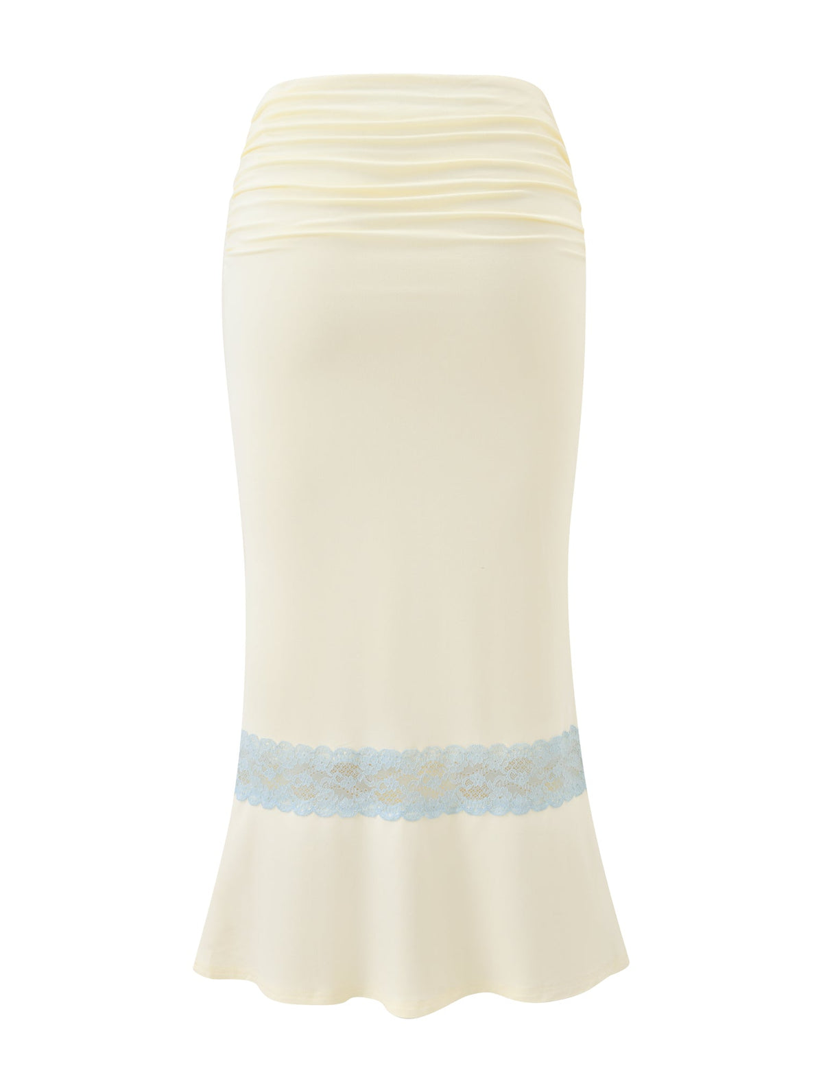 The CALINA LACE PANEL MIDI SKIRT in cream by TIGERMIST is a knee-length skirt featuring blue lace near the hem, a ruched waist, and a slightly flared silhouette for an effortlessly elegant look.