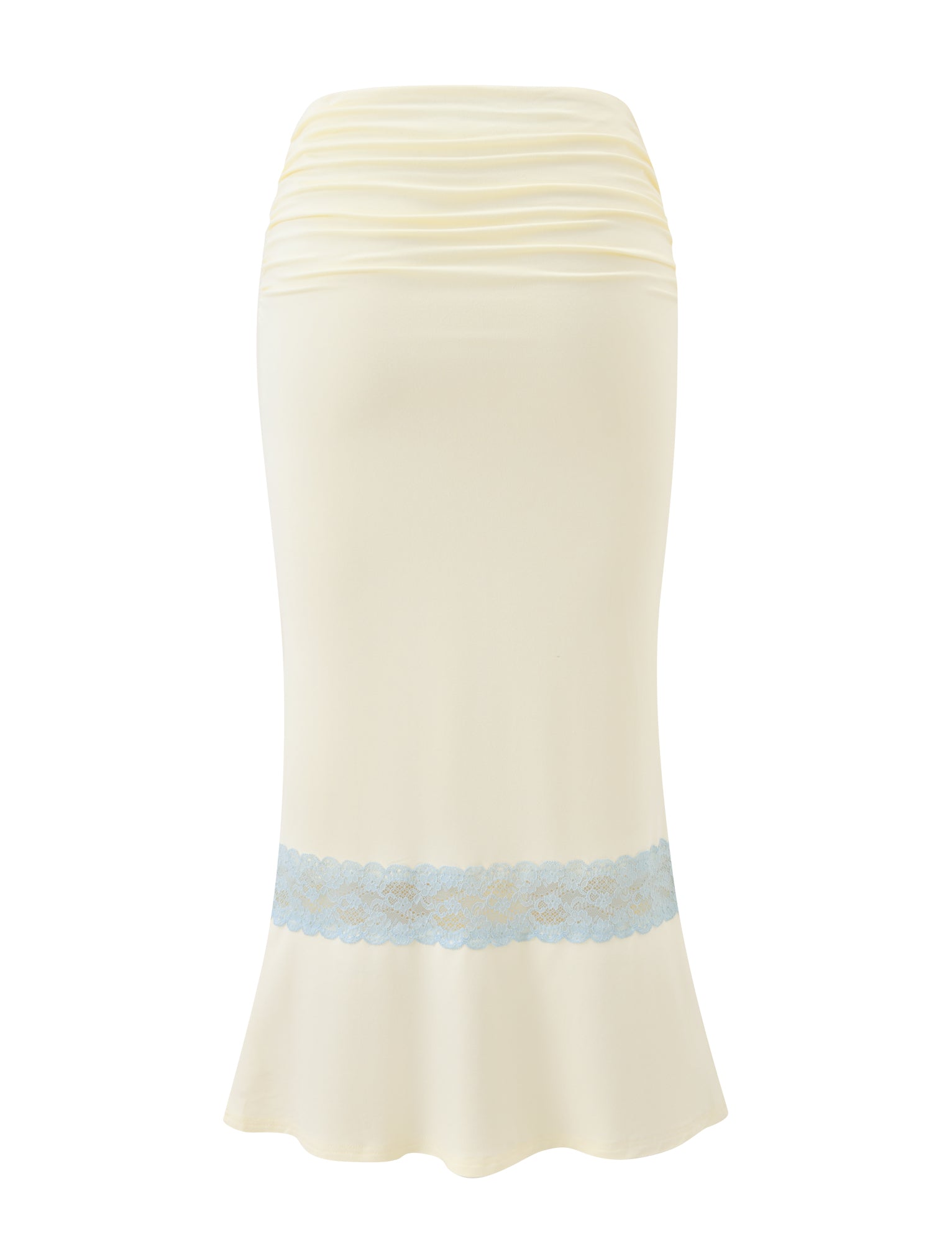 The CALINA LACE PANEL MIDI SKIRT in cream by TIGERMIST is a knee-length skirt featuring blue lace near the hem, a ruched waist, and a slightly flared silhouette for an effortlessly elegant look.