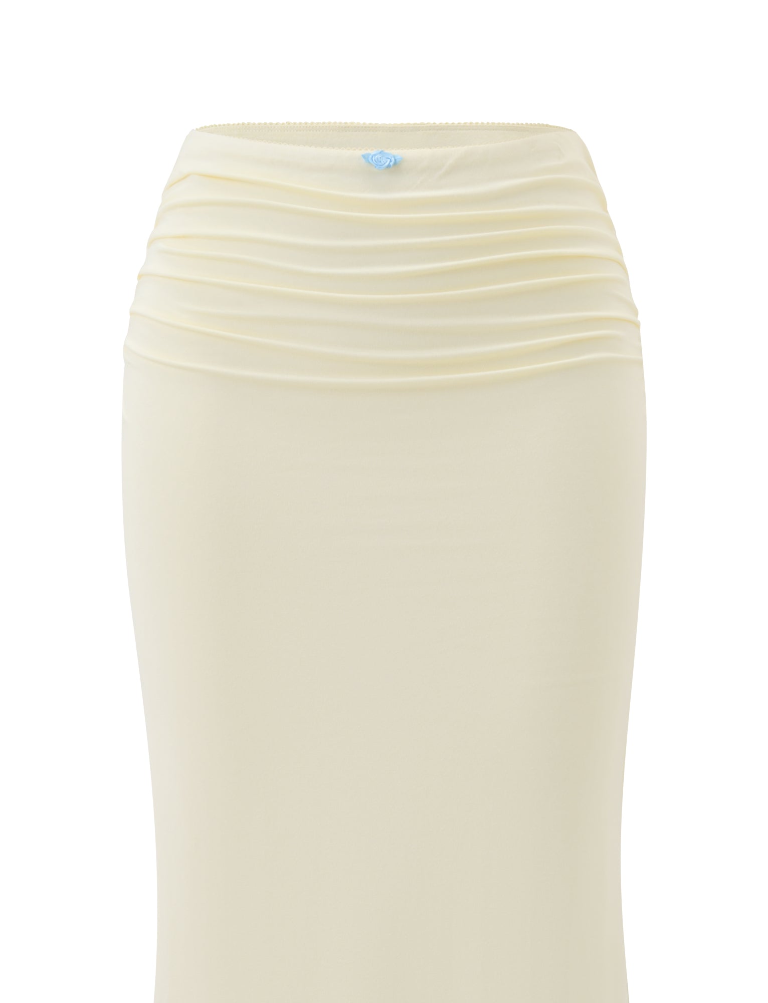 A close-up of the CALINA LACE PANEL MIDI SKIRT in cream by TIGERMIST, featuring a high ruched waist and a small blue logo at the top center.