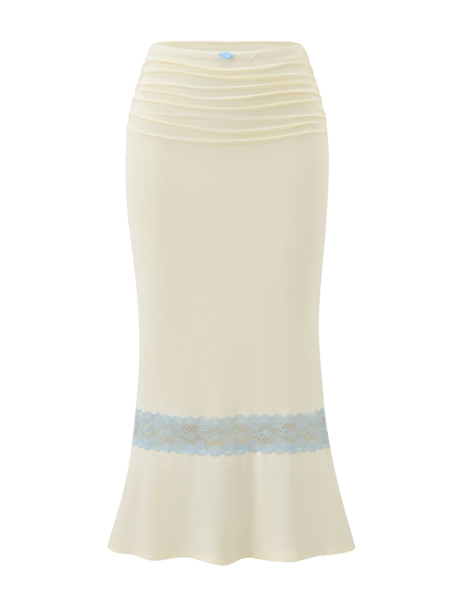 The CALINA LACE PANEL MIDI SKIRT by TIGERMIST features a high-waisted cream design with a ruched waist, horizontal blue lace band near the hem, and a slightly flared silhouette for an elegant finish.