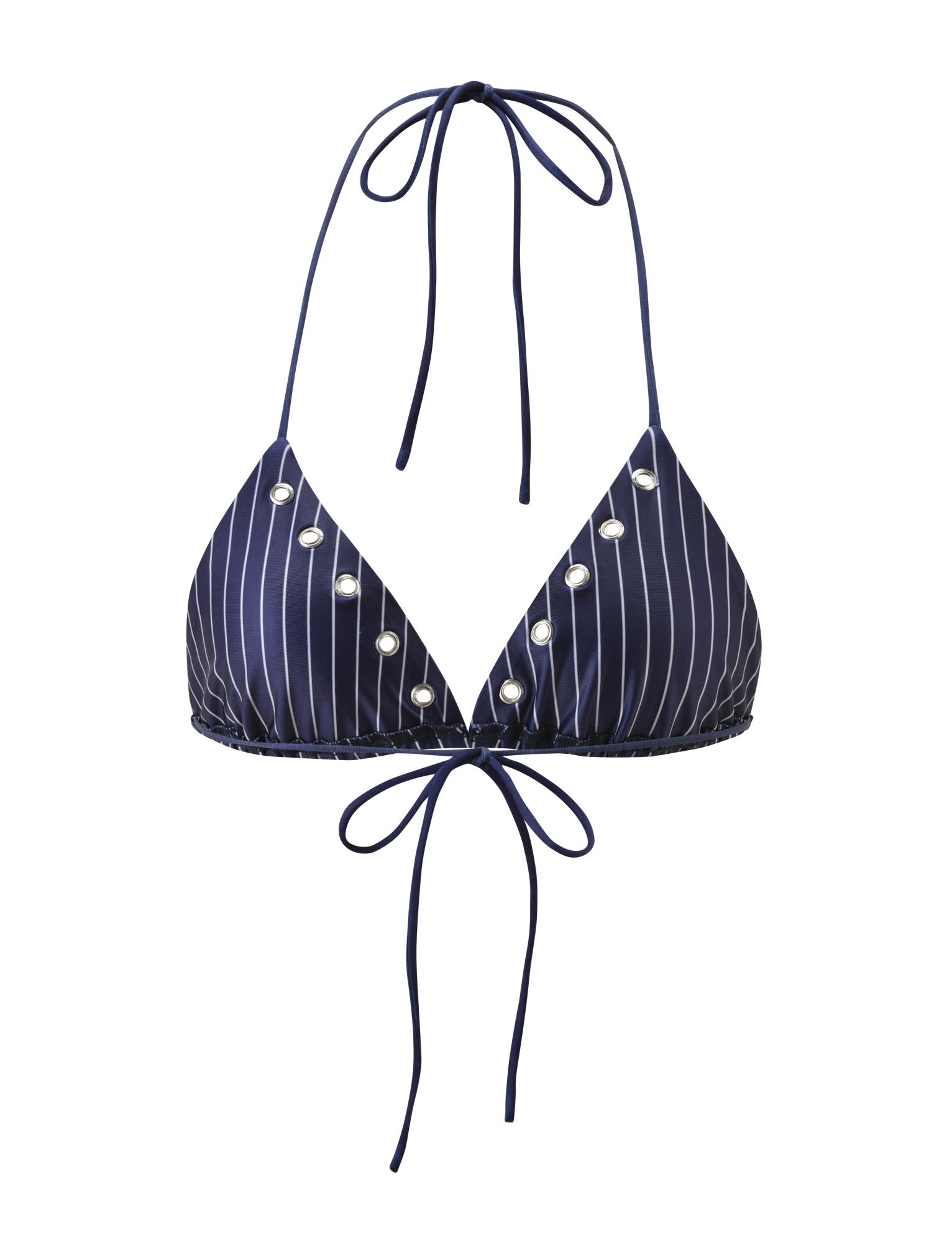 The MARREN BIKINI TOP - NAVY PINSTRIPE by TIGERMIST features white vertical stripes, small silver buttons, and adjustable halter ties at the neck and back, blending exclusive print swimwear style with comfort.