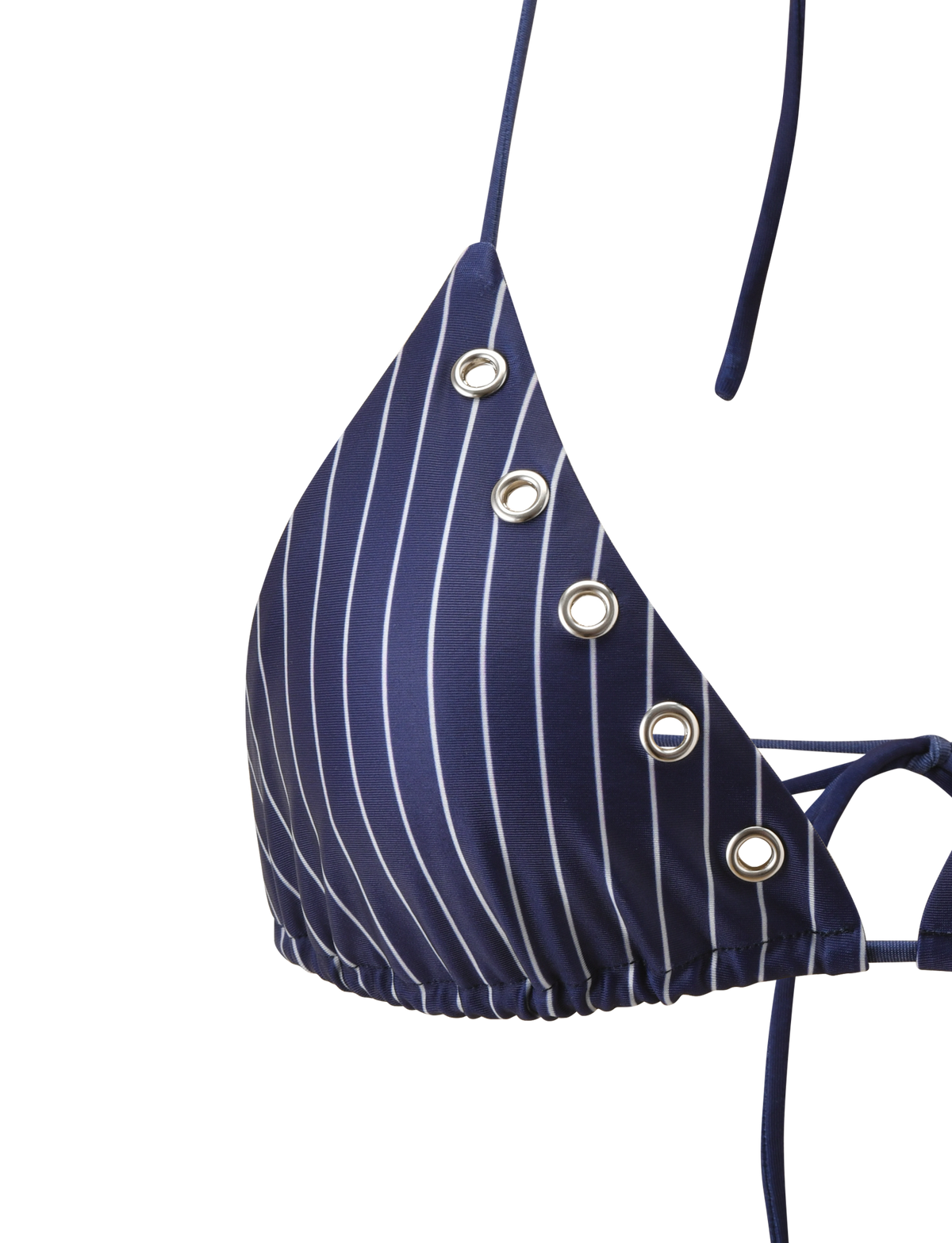 A close-up of the TIGERMIST MARREN BIKINI TOP - NAVY PINSTRIPE features white vertical stripes and silver grommet details on one triangle cup, set against a plain white background. This adjustable halter top ensures a stylish, customizable fit.