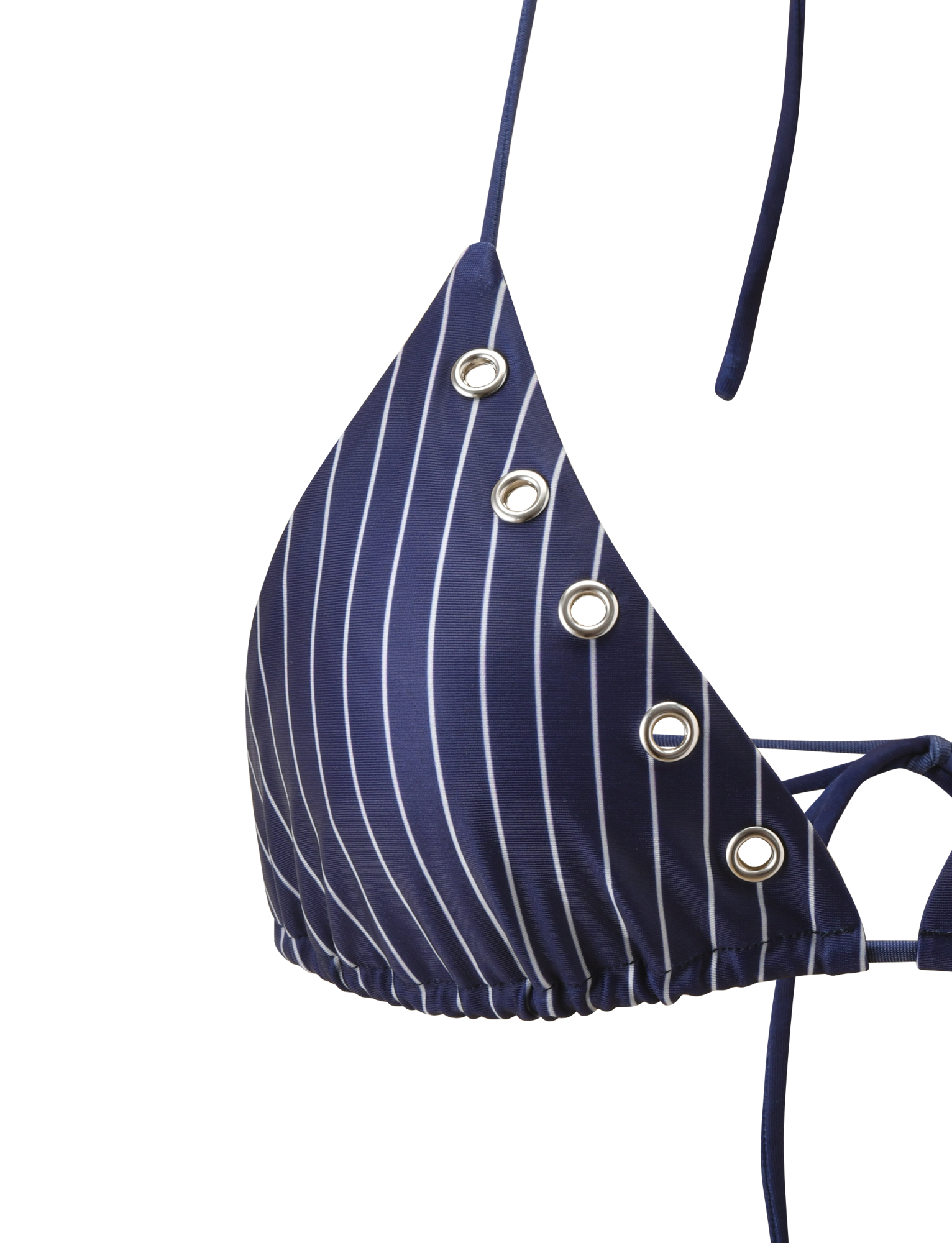 A close-up of the TIGERMIST MARREN BIKINI TOP - NAVY PINSTRIPE features white vertical stripes and silver grommet details on one triangle cup, set against a plain white background. This adjustable halter top ensures a stylish, customizable fit.