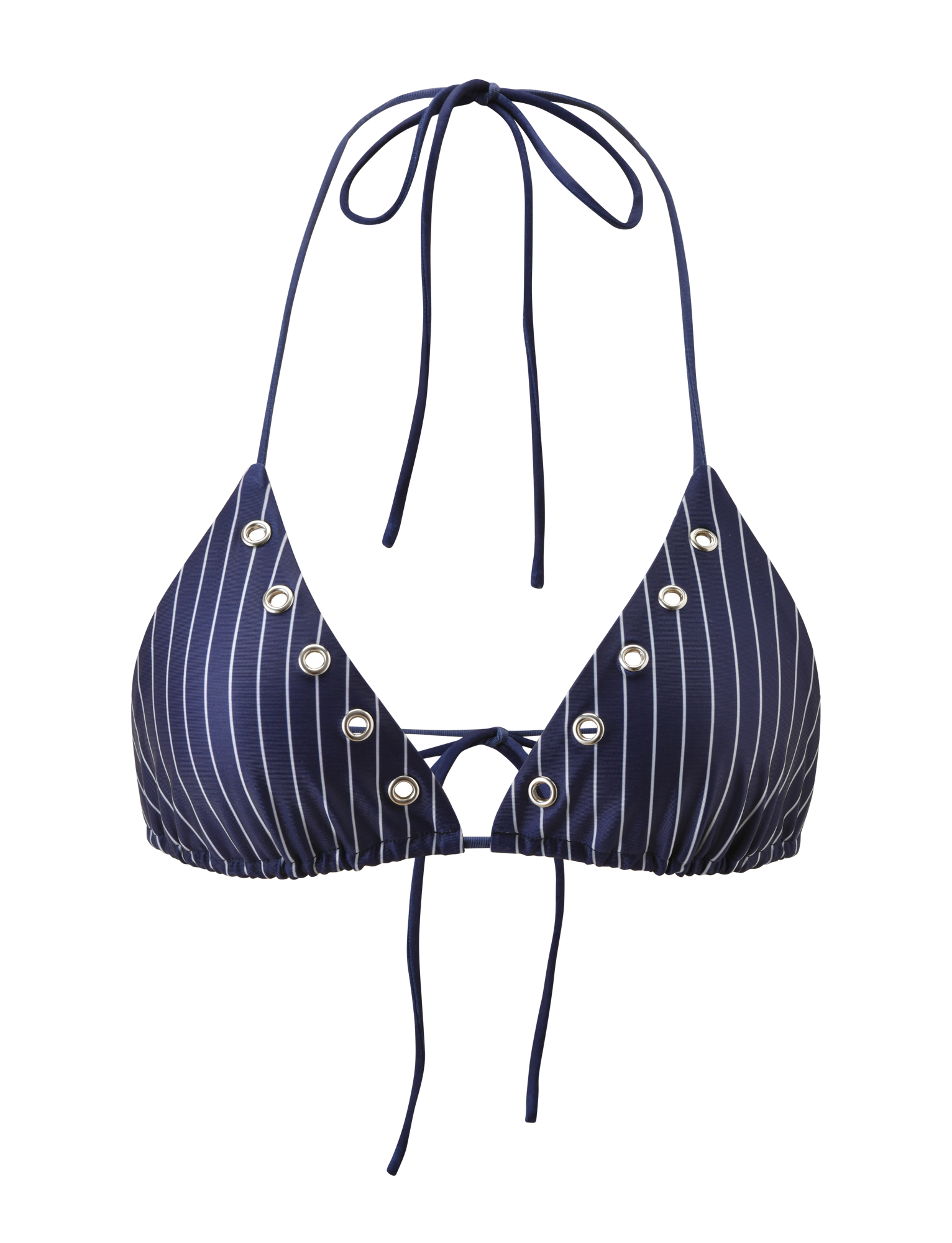 The TIGERMIST MARREN BIKINI TOP - NAVY PINSTRIPE features an exclusive pinstripe design with white vertical stripes, silver grommet accents, and adjustable halter and front tie strings.