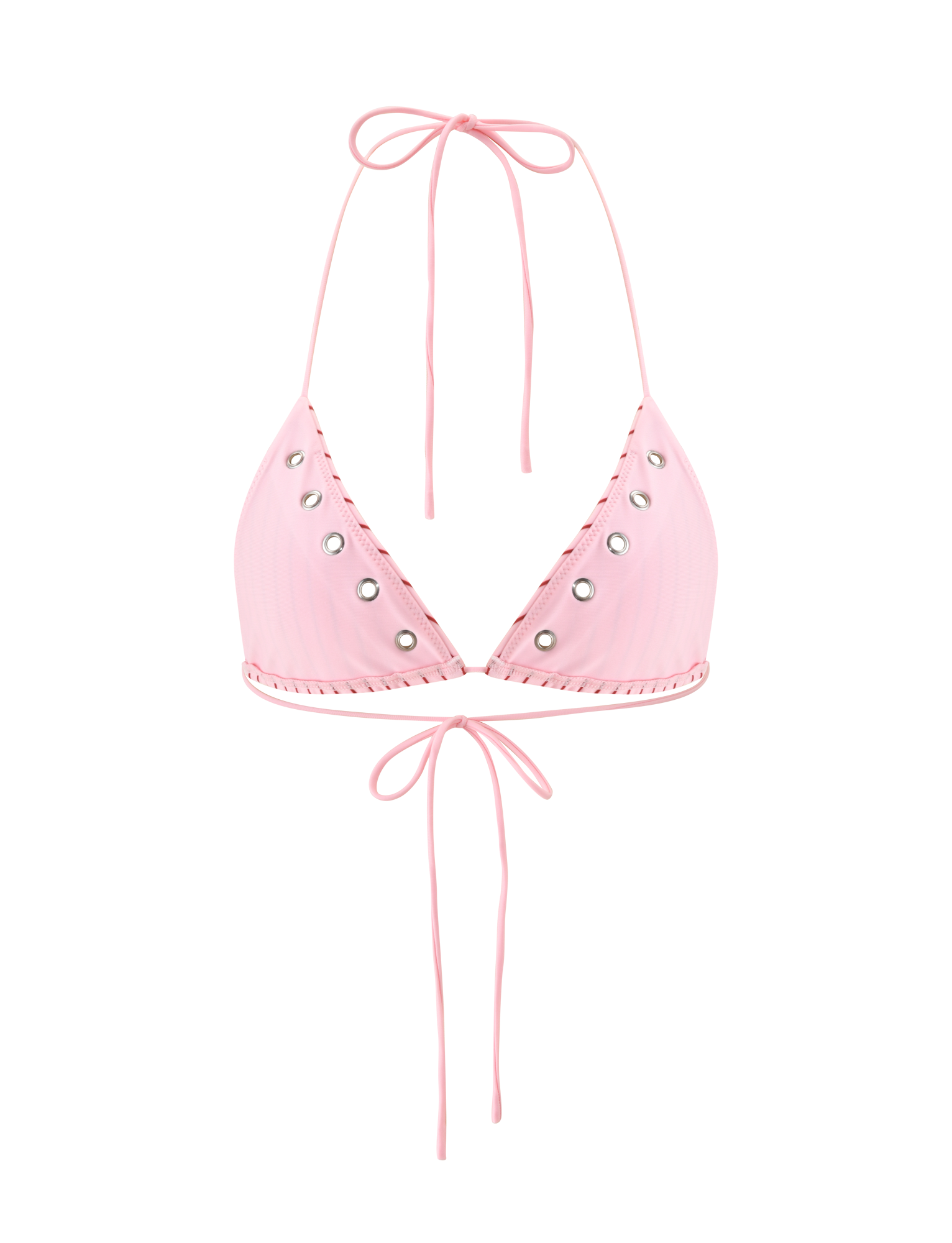 The TIGERMIST MARREN BIKINI TOP - PINK STRIPE is a light pink striped adjustable halter bikini top with back ties and silver grommet accents—ideal for mixing with your favorite exclusive print swimwear.