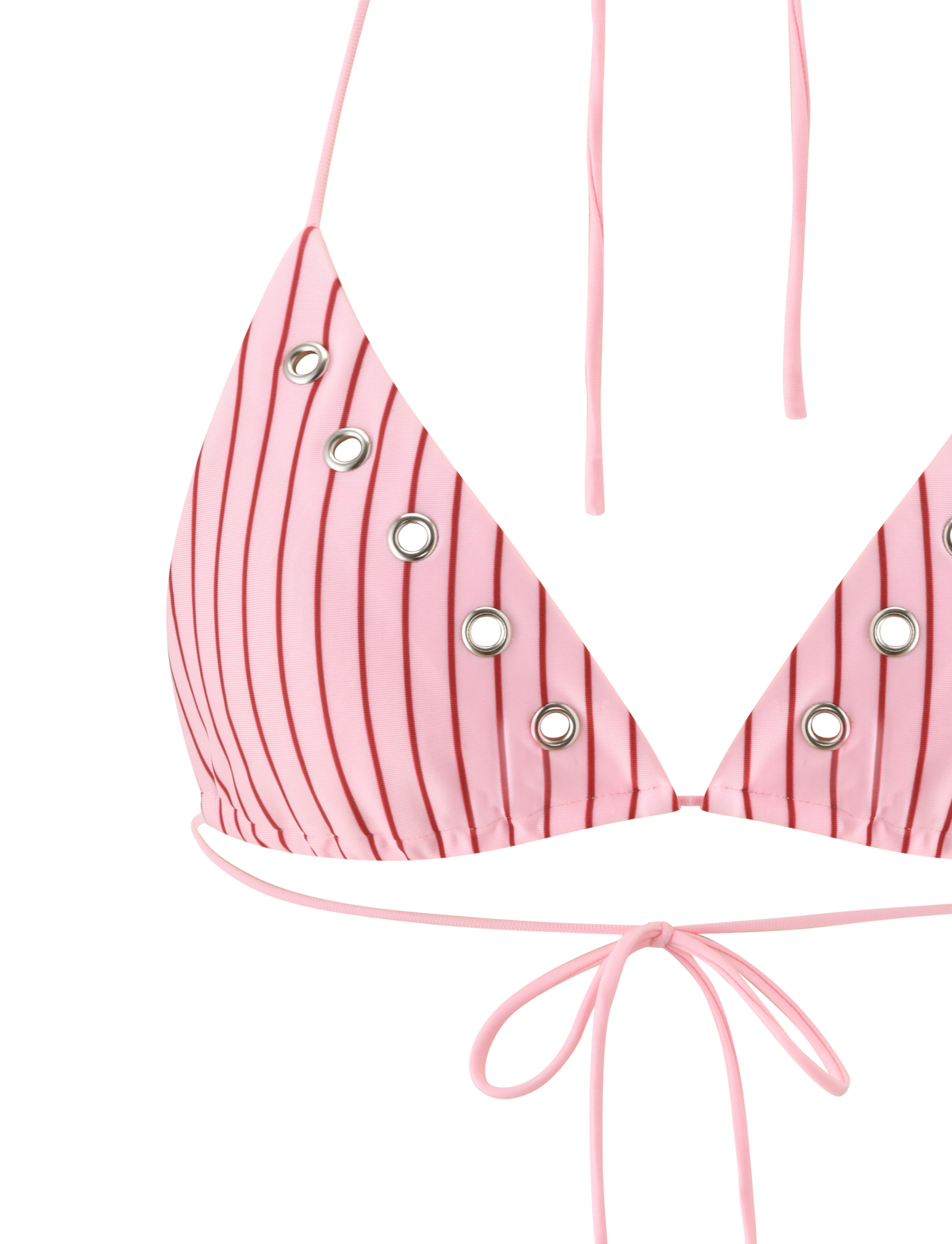 The TIGERMIST MARREN BIKINI TOP in pink stripe features an exclusive print, silver grommet details, and thin adjustable neck and back straps, displayed against a white background.