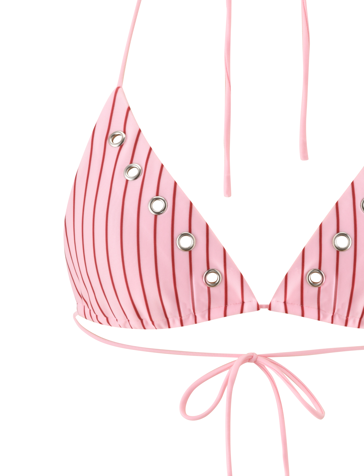 The TIGERMIST MARREN BIKINI TOP in pink stripe features an exclusive print, silver grommet details, and thin adjustable neck and back straps, displayed against a white background.