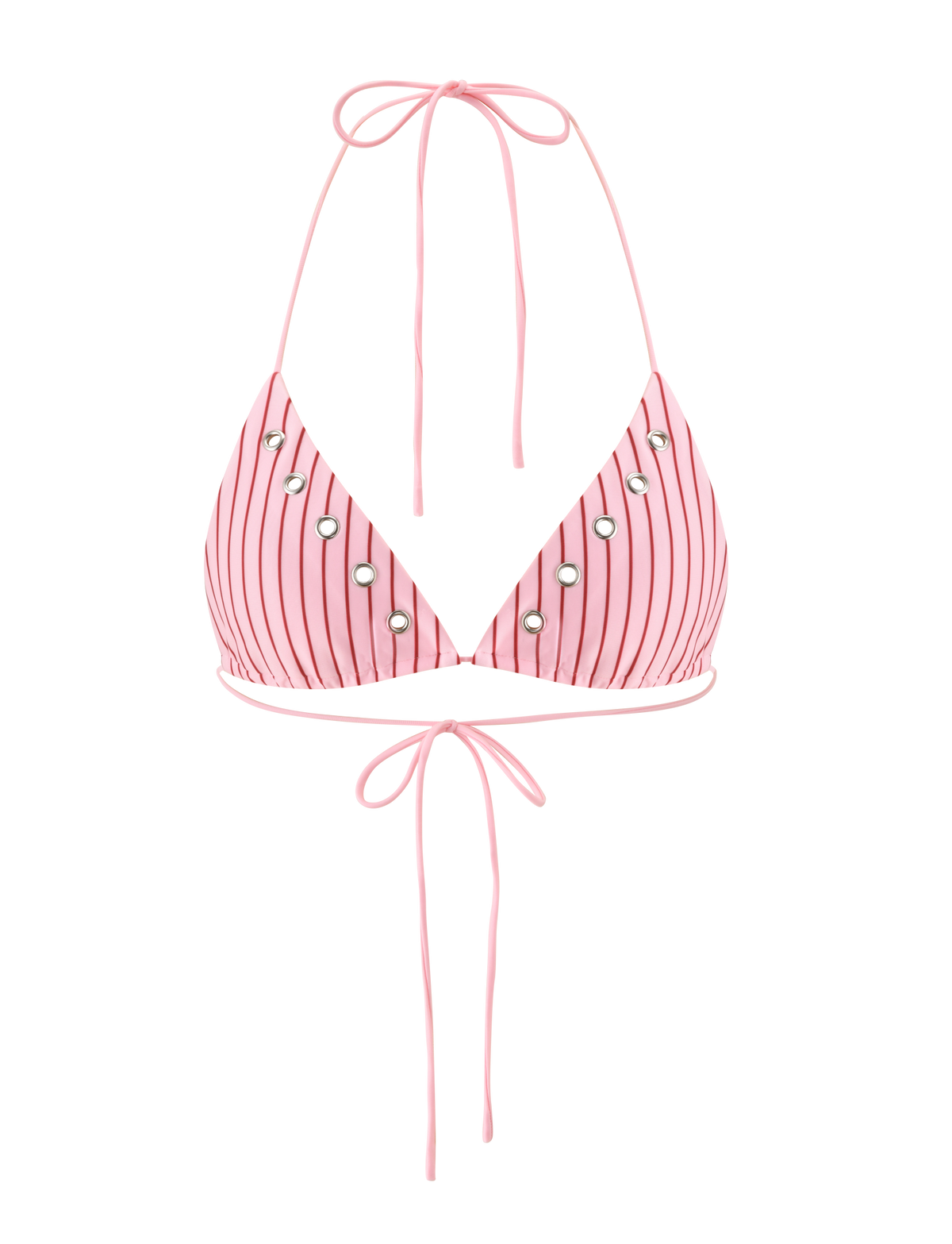 The TIGERMIST MARREN BIKINI TOP - PINK STRIPE features silver eyelet accents and adjustable string ties, making it a must-have for exclusive print swimwear lovers.