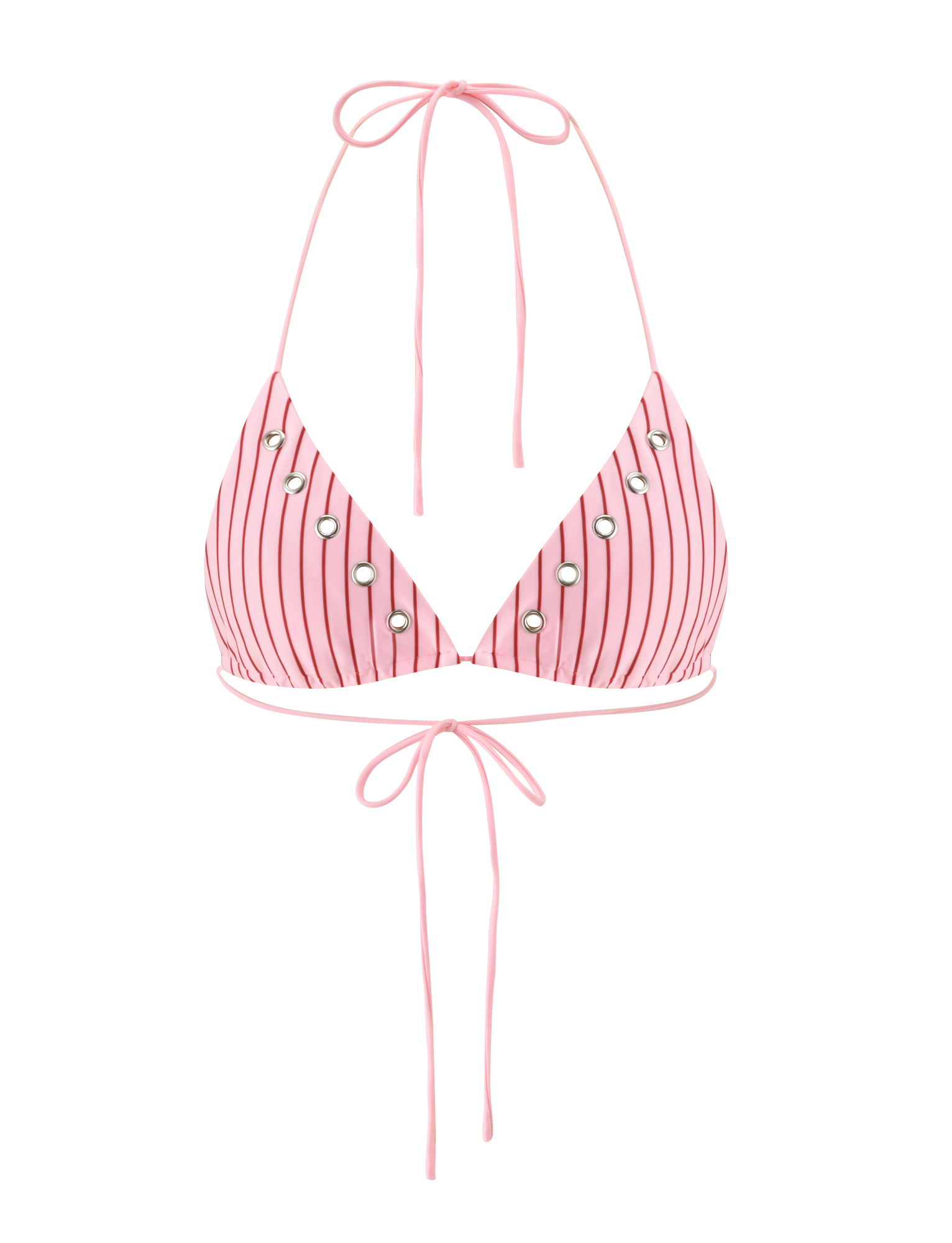 The TIGERMIST MARREN BIKINI TOP - PINK STRIPE features silver eyelet accents and adjustable string ties, making it a must-have for exclusive print swimwear lovers.