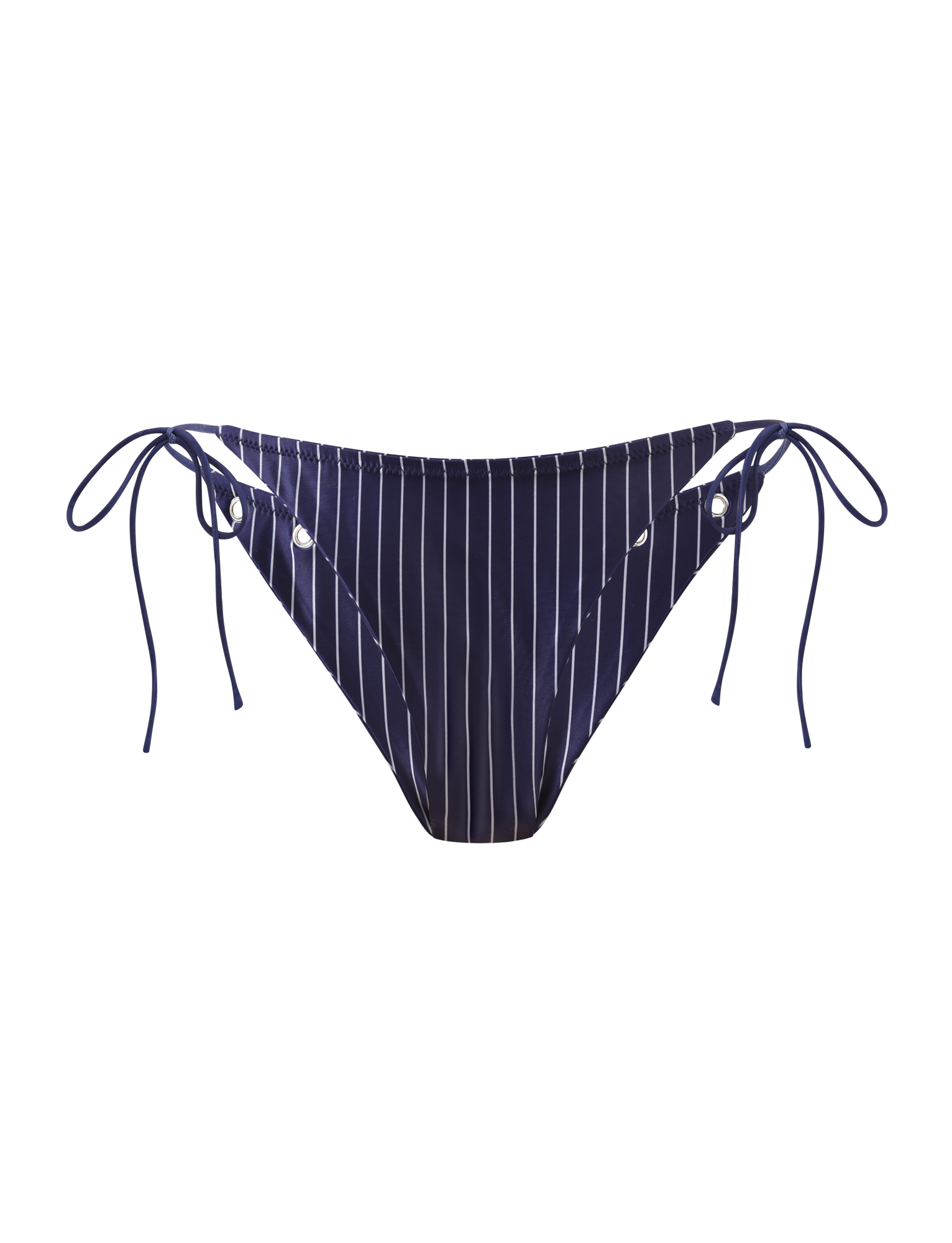 The TIGERMIST MARREN BIKINI BOTTOM in navy pinstripe features white vertical stripes, adjustable side ties with silver eyelets, and is shown against a plain white background.