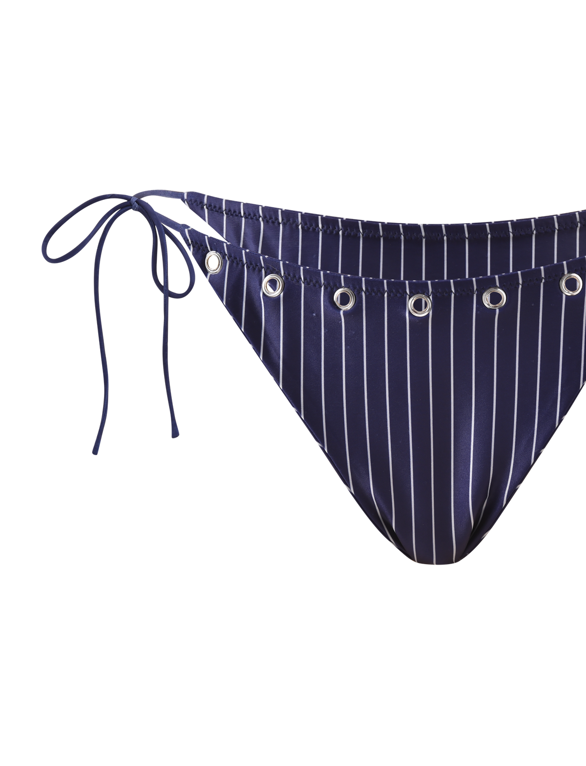 The MARREN BIKINI BOTTOM - NAVY PINSTRIPE by TIGERMIST features silver eyelets on the waistband and adjustable side ties on the left hip for a chic, customizable fit.
