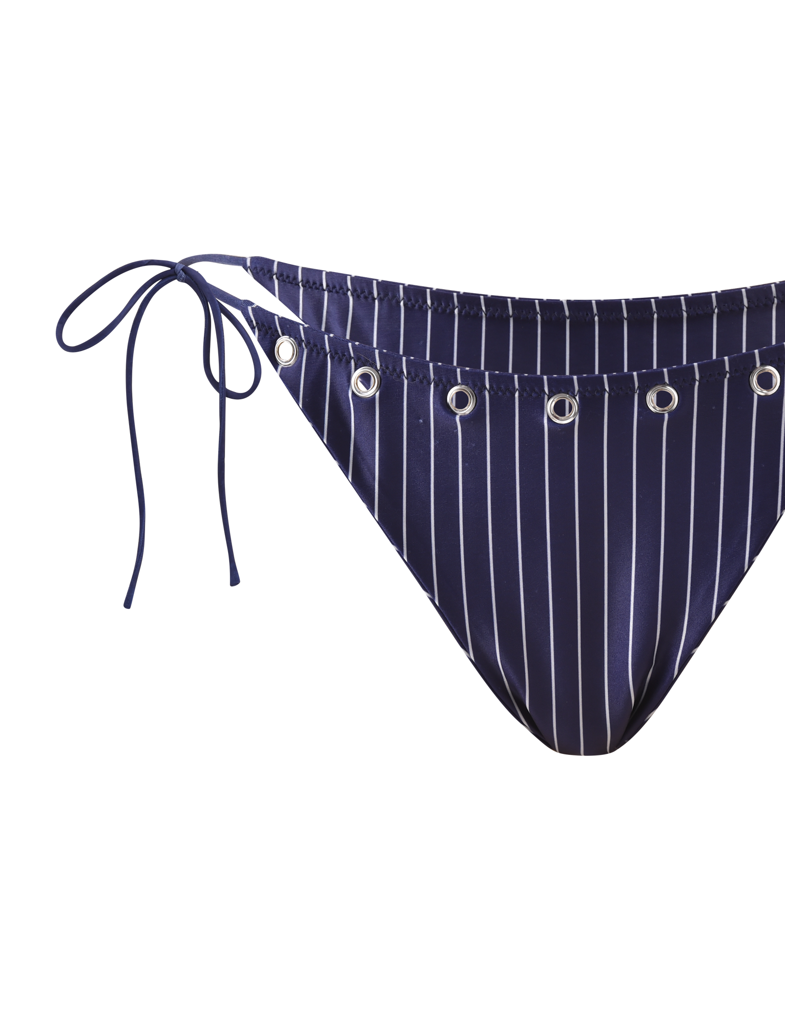 The MARREN BIKINI BOTTOM - NAVY PINSTRIPE by TIGERMIST features silver eyelets on the waistband and adjustable side ties on the left hip for a chic, customizable fit.
