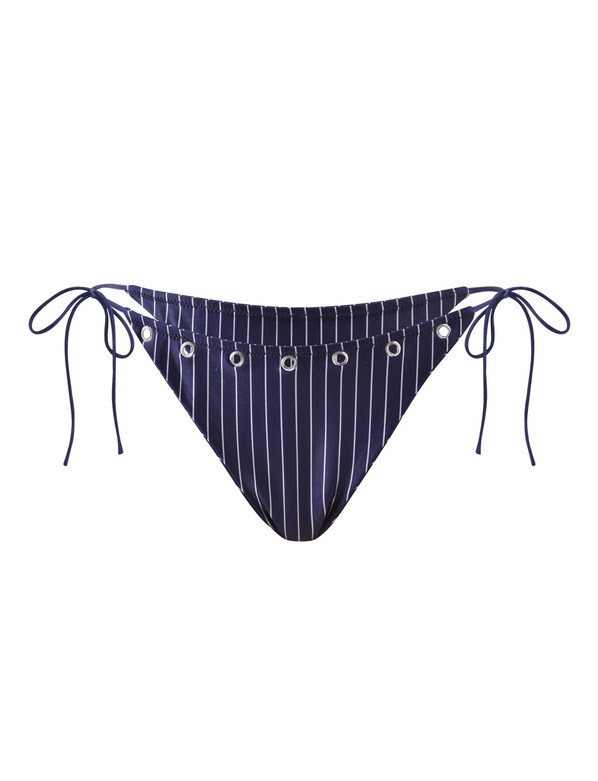 The TIGERMIST MARREN BIKINI BOTTOM in navy pinstripe features silver eyelets on the waistband and adjustable side ties, shown against a white background.