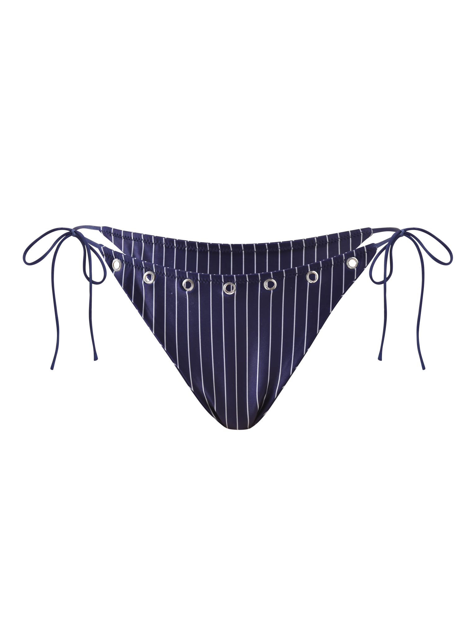 The TIGERMIST MARREN BIKINI BOTTOM in navy pinstripe features silver eyelets on the waistband and adjustable side ties, shown against a white background.