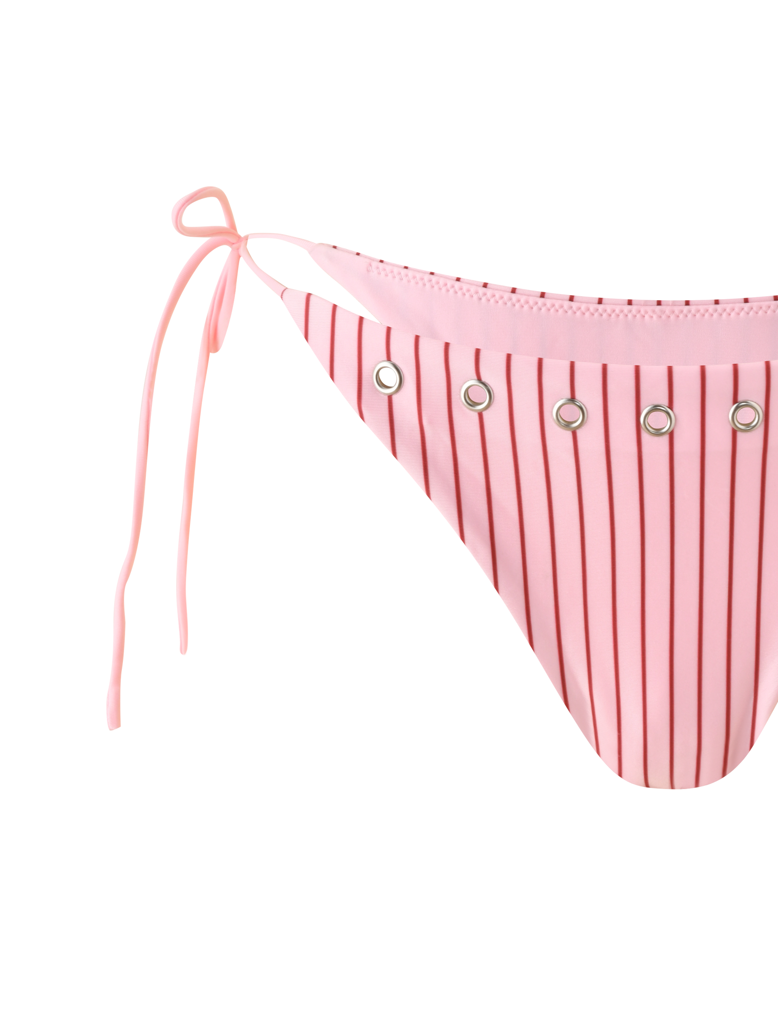 The MARREN BIKINI BOTTOM - PINK STRIPE by TIGERMIST features thin red pinstripes, silver grommet details, and an adjustable left side tie with an exclusive print. Shown against a plain white background.
