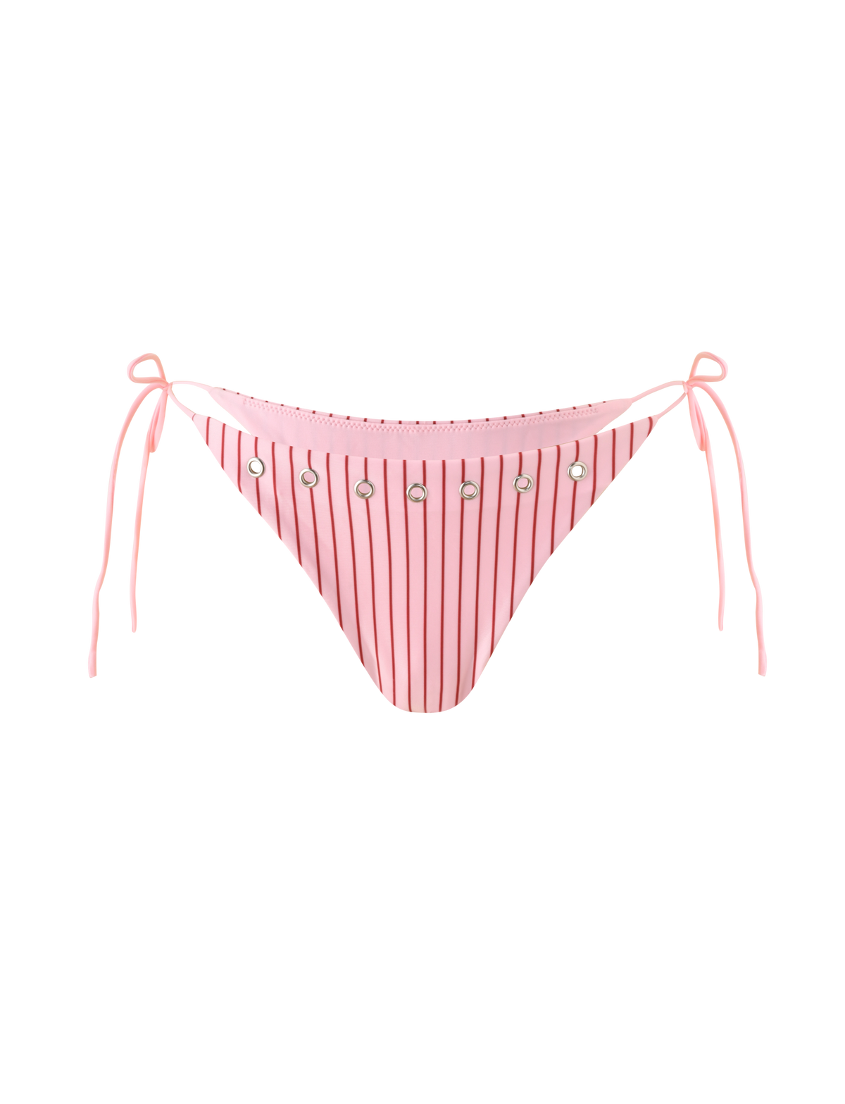 The MARREN BIKINI BOTTOM - PINK STRIPE by TIGERMIST features pink pinstripes with vertical black stripes, silver grommet waist details, and adjustable side ties, shown against a white background.