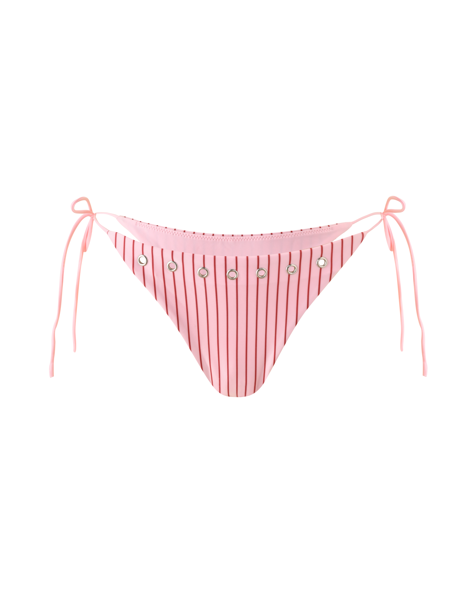 The MARREN BIKINI BOTTOM - PINK STRIPE by TIGERMIST features pink pinstripes with vertical black stripes, silver grommet waist details, and adjustable side ties, shown against a white background.