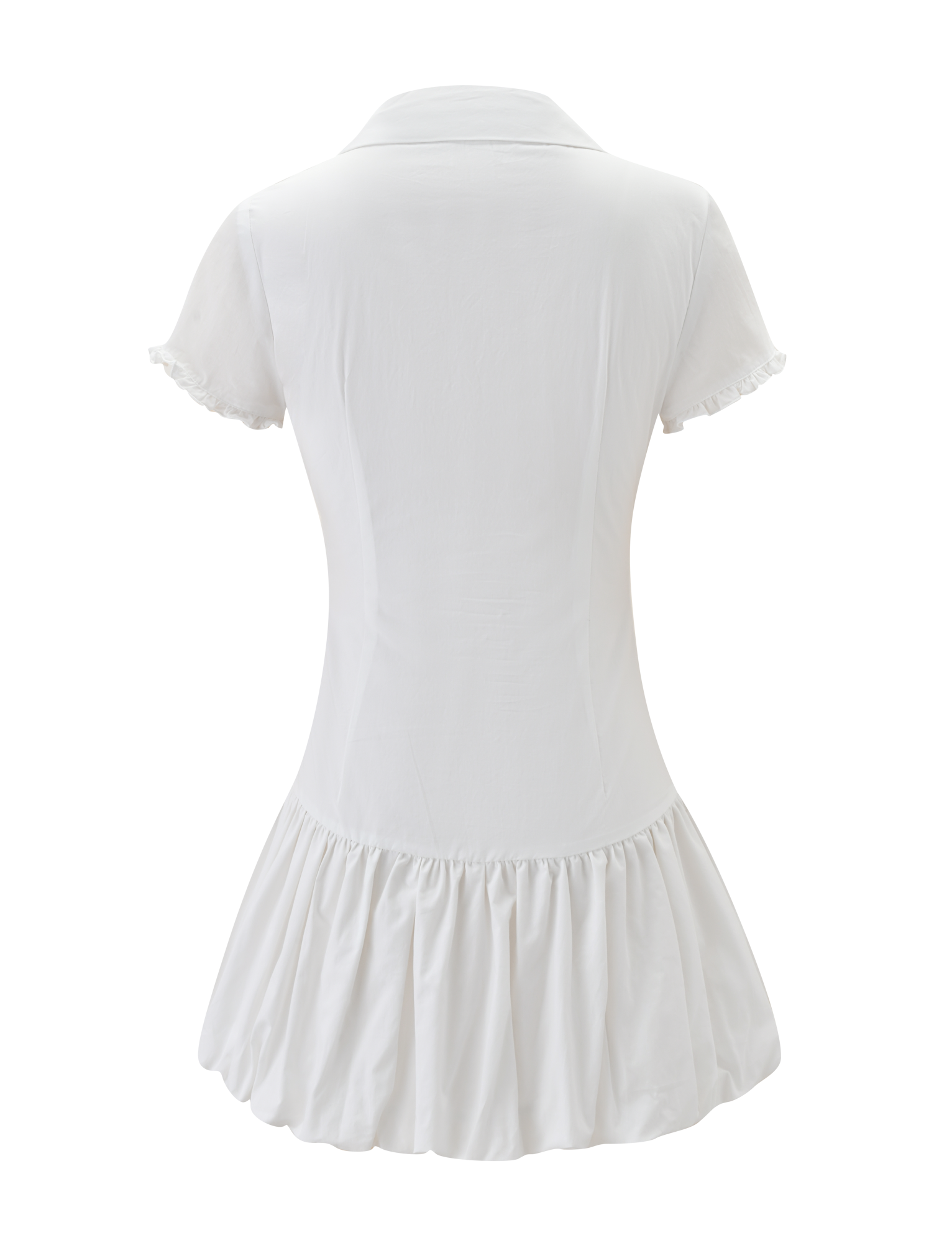 Back view of the VALERIE BUBBLE DRESS - WHITE by TIGERMIST, a short sleeve mini dress with a collar, fitted waist, and flared ruffled skirt in smooth, lightweight white cotton for a soft, casual look.