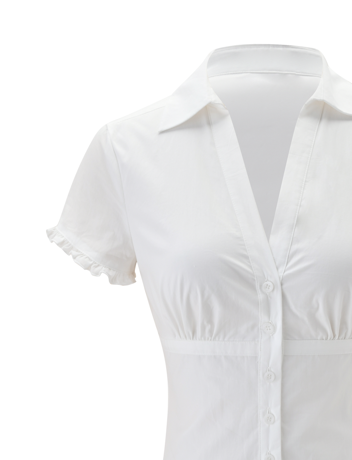A close-up of the TIGERMIST VALERIE BUBBLE DRESS in white, featuring short sleeves, button-down front, collar, and gently ruffled edges, styled to evoke the charm of a white cotton dress against a plain white background.
