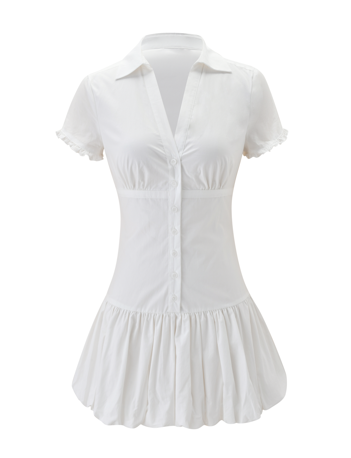 The VALERIE BUBBLE DRESS by TIGERMIST is a crisp white cotton mini dress with short sleeves, a collared neckline, fitted waist, and flared pleated skirt—combining tailored top with flowy bubble mini style.