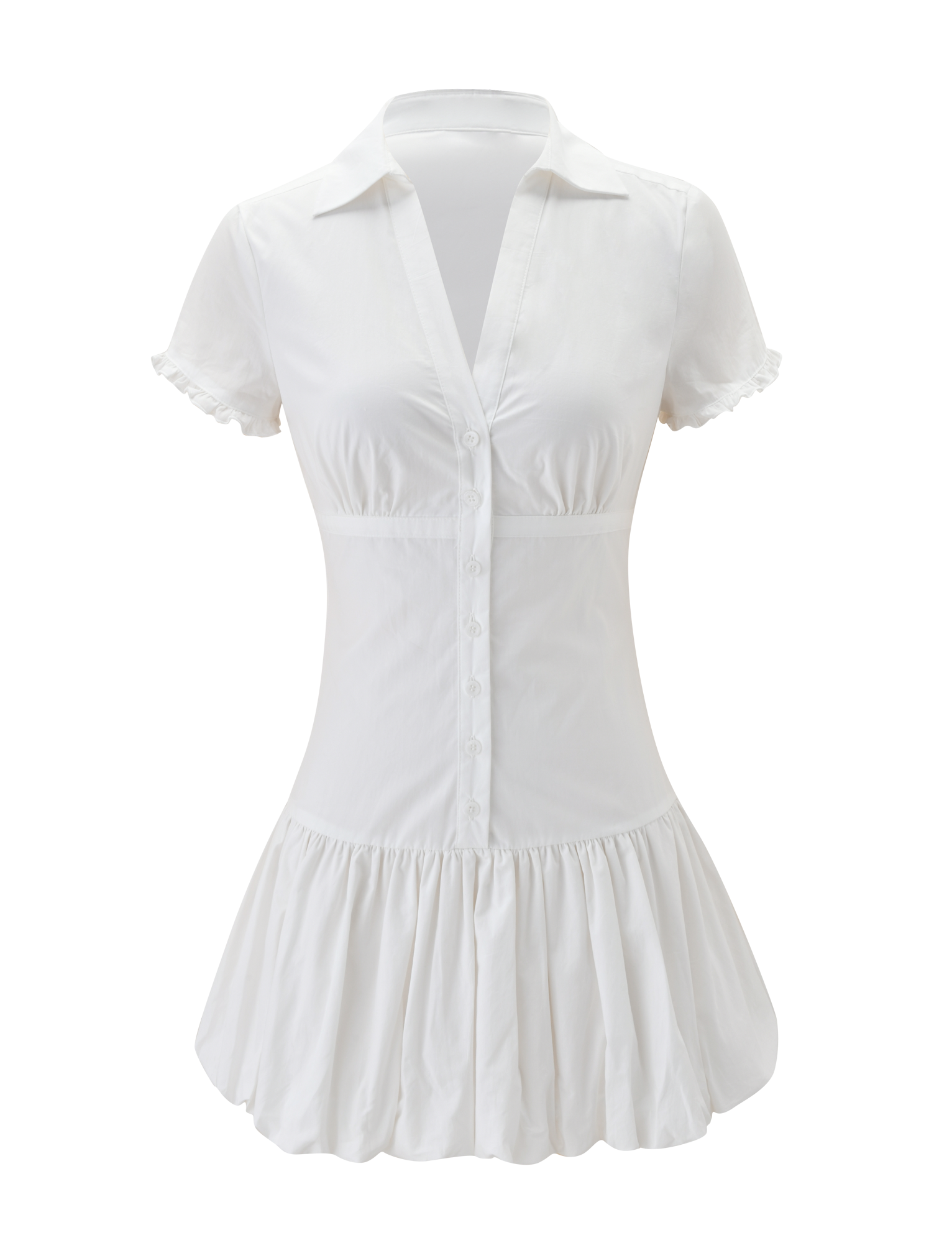 The VALERIE BUBBLE DRESS by TIGERMIST is a crisp white cotton mini dress with short sleeves, a collared neckline, fitted waist, and flared pleated skirt—combining tailored top with flowy bubble mini style.