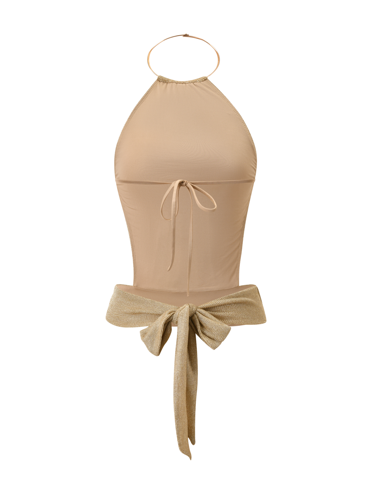 The EVANNA TOP - GOLD by TIGERMIST is a beige high-neck halter bodysuit with a gold neck strap, front tie detail, and a large shimmery gold bow accent at the waist, shown on a white background.