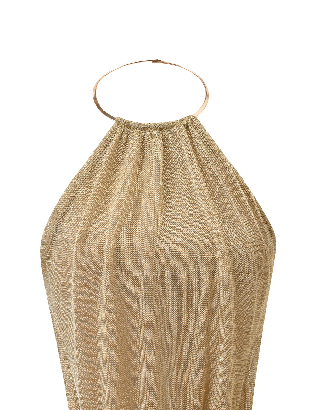 The TIGERMIST EVANNA TOP - GOLD features a textured, shimmery gold mesh fabric with soft pleats and a circular high neck halter collar, creating a standout look against any background.