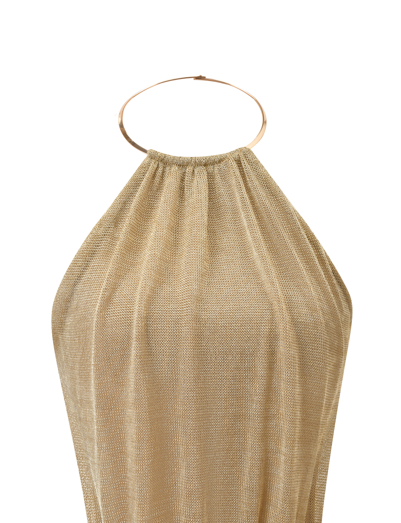 The TIGERMIST EVANNA TOP - GOLD features a textured, shimmery gold mesh fabric with soft pleats and a circular high neck halter collar, creating a standout look against any background.