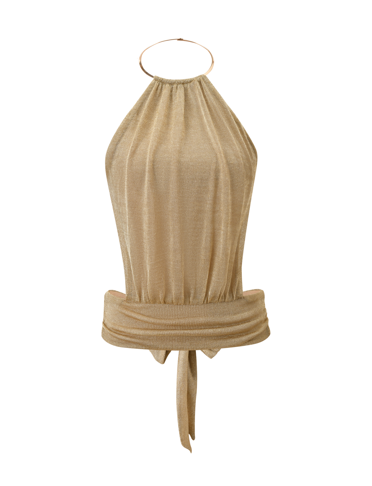The TIGERMIST EVANNA TOP - GOLD is a sleeveless high neck halter with a metallic sheen, tie-front wide waistband, gathered neckline, circular neck ring detail, and open back, shown on a plain white background.