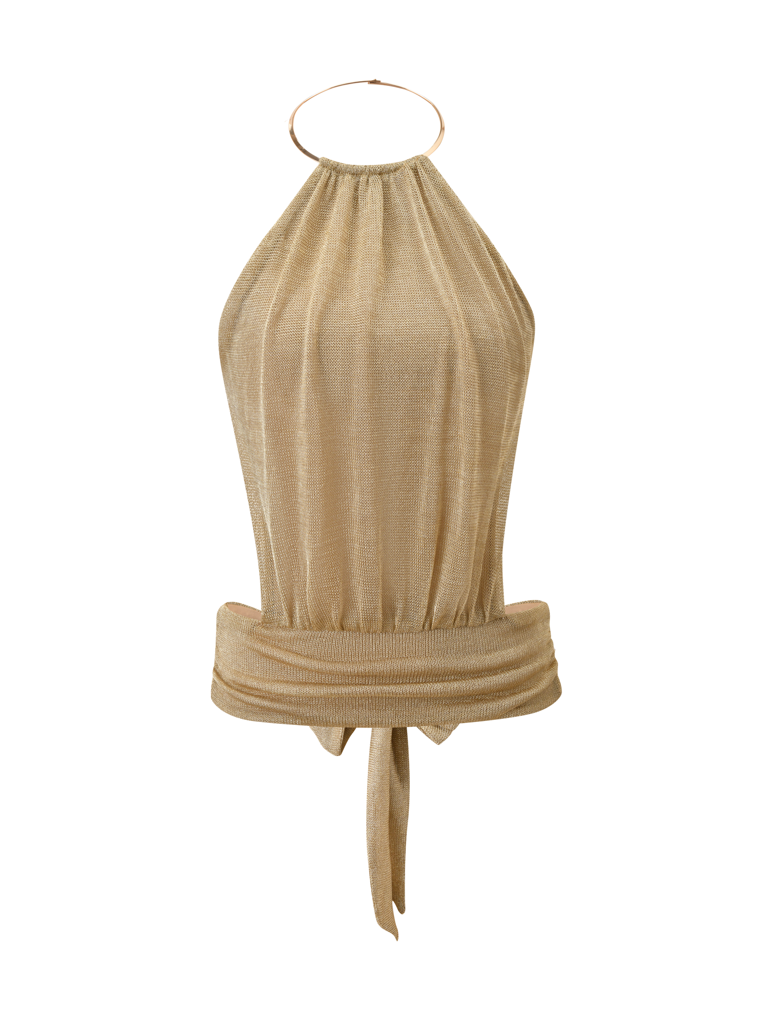 The TIGERMIST EVANNA TOP - GOLD is a sleeveless high neck halter with a metallic sheen, tie-front wide waistband, gathered neckline, circular neck ring detail, and open back, shown on a plain white background.