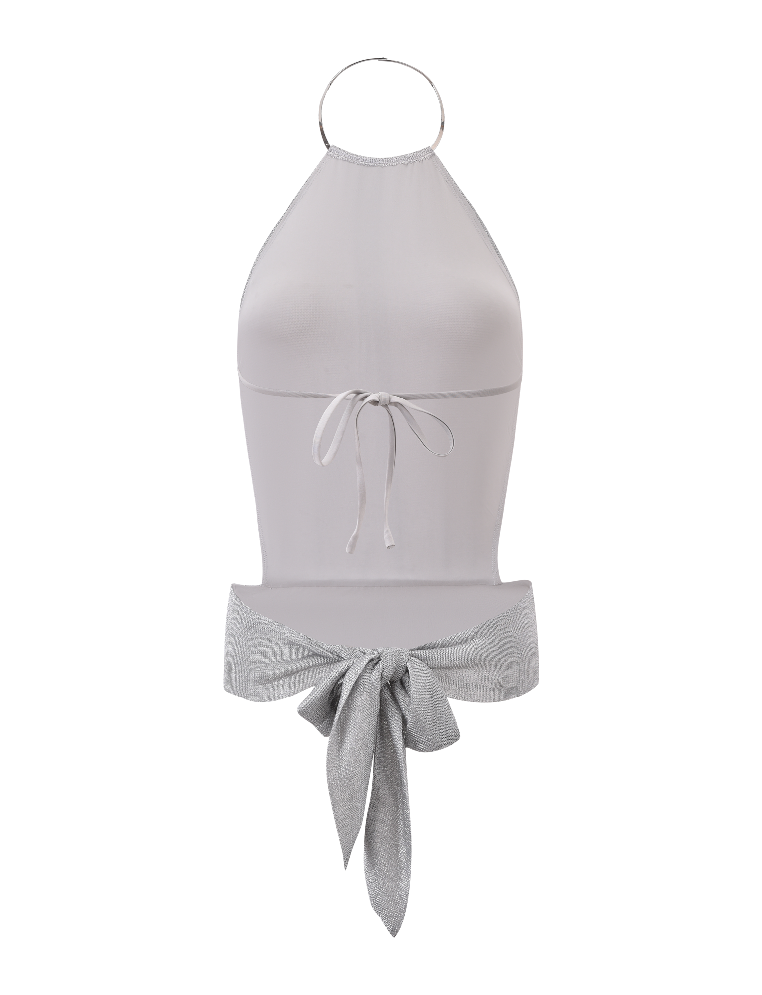 The TIGERMIST EVANNA TOP 2.0 - SILVER is a sleeveless, light gray high neck halter top featuring a metallic ring neckline, front midsection tie, and a large decorative bow at the waist, shown on a plain white background.
