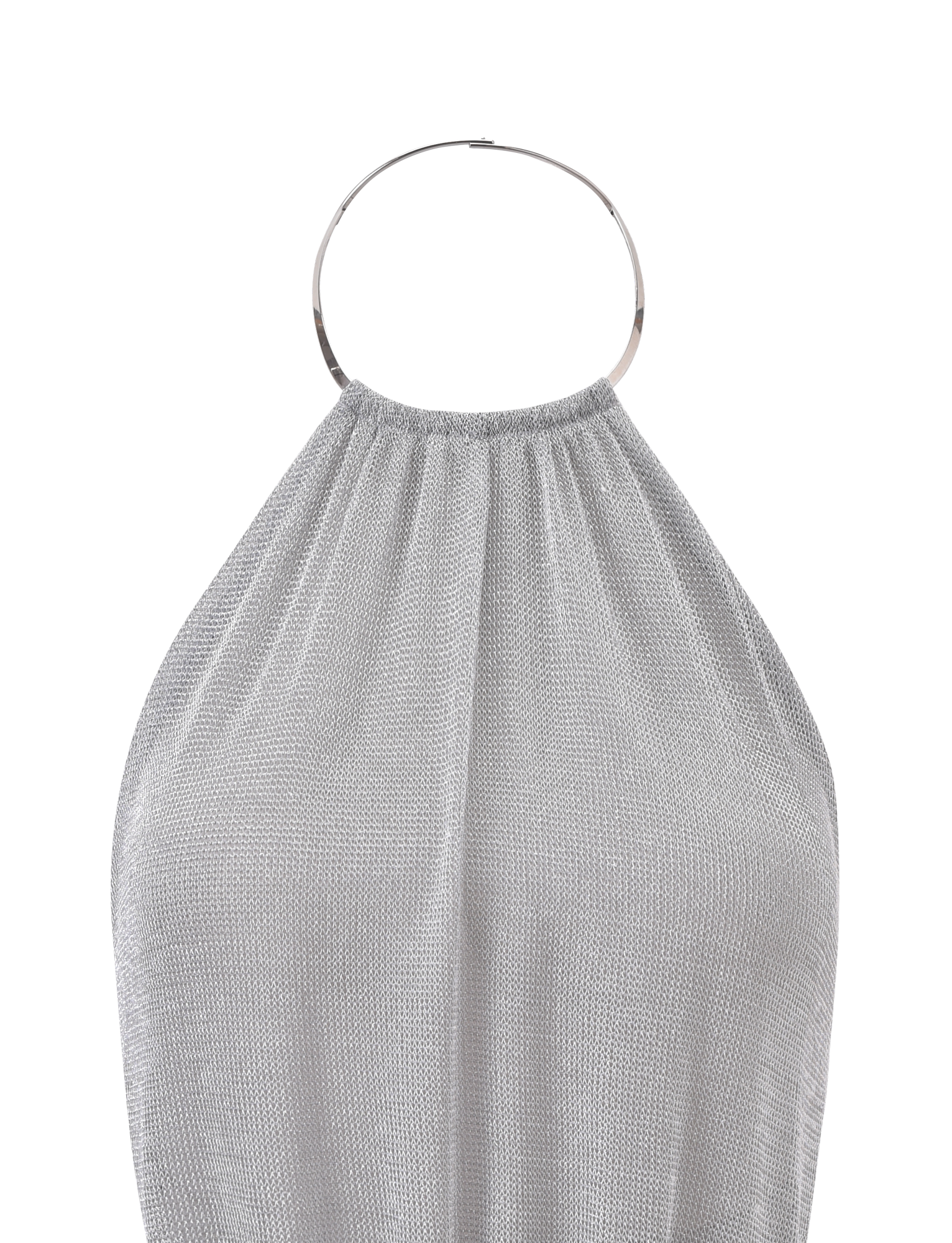 The TIGERMIST EVANNA TOP - SILVER is a mesh halter style with textured metallic fabric and a statement circular metal ring at the neckline, shown against a plain white background.
