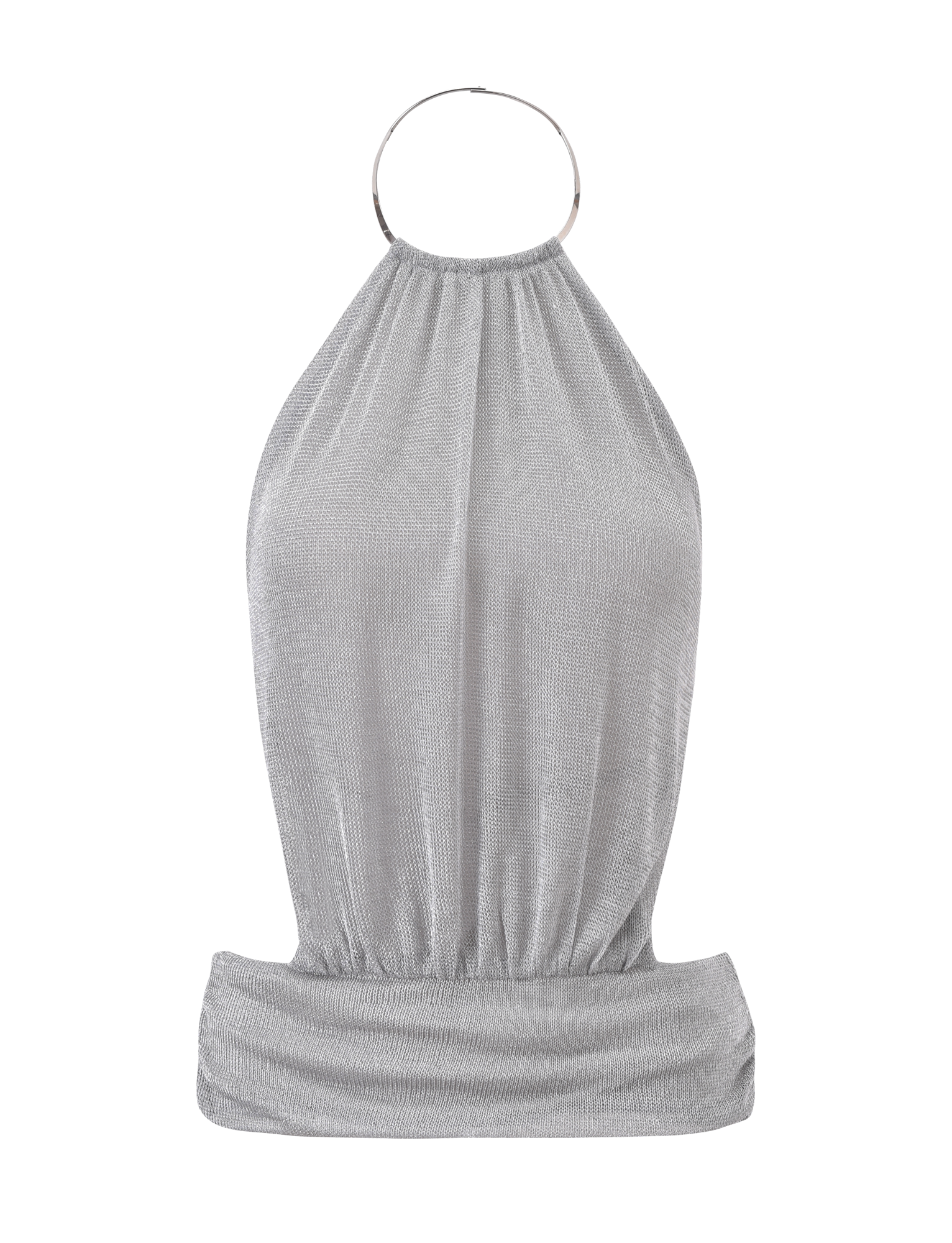 The TIGERMIST EVANNA TOP 2.0 - SILVER is a shimmering silver mesh halter top with a wide bottom band, large round metal ring at the high neckline, gathered draping, open back, and is photographed on a plain white background.
