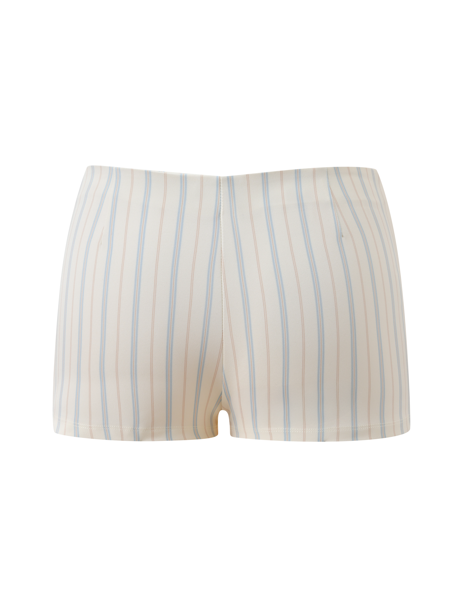 The VALERIE RUFFLE HOT SHORT - STRIPE by TIGERMIST is a cream pinstripe high-waisted hot short with a V-cut waistband and exclusive blue and beige vertical stripes, shown on a plain white background.