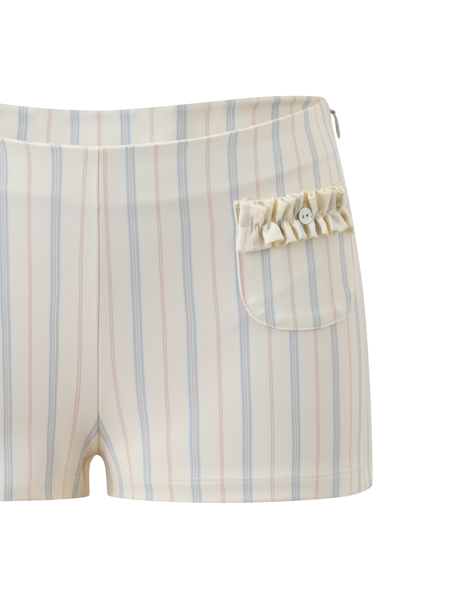 The VALERIE RUFFLE HOT SHORT - STRIPE by TIGERMIST features a high-waisted fit, exclusive blue and tan pinstripes on cream, a V-cut waistband, and a right-side pocket with ruffled trim and button.