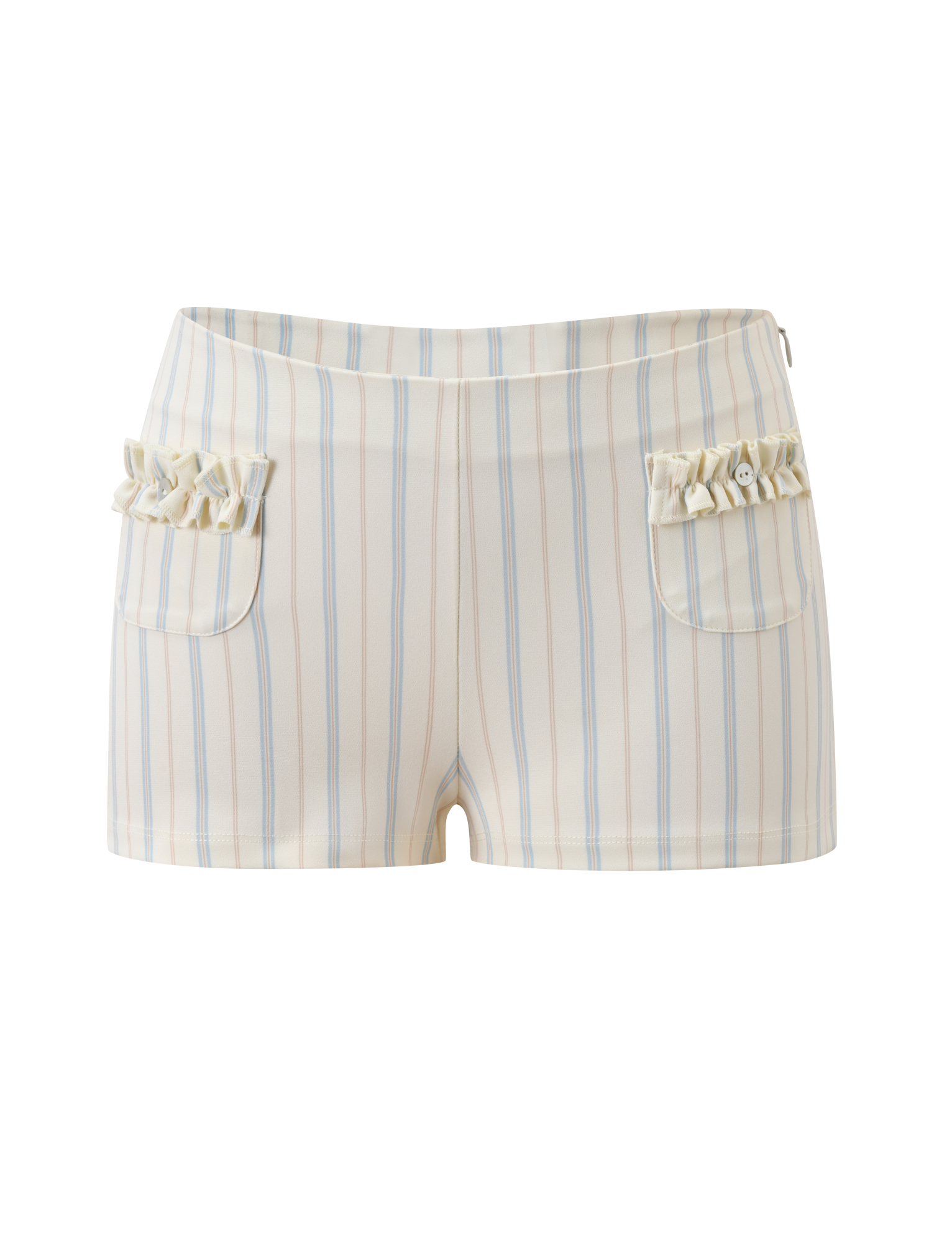 The VALERIE RUFFLE HOT SHORT - STRIPE by TIGERMIST features white pinstripes with pastel blue and beige vertical stripes, a V-cut waistband, two front pockets with ruffled trim and buttons, shown on a white background.