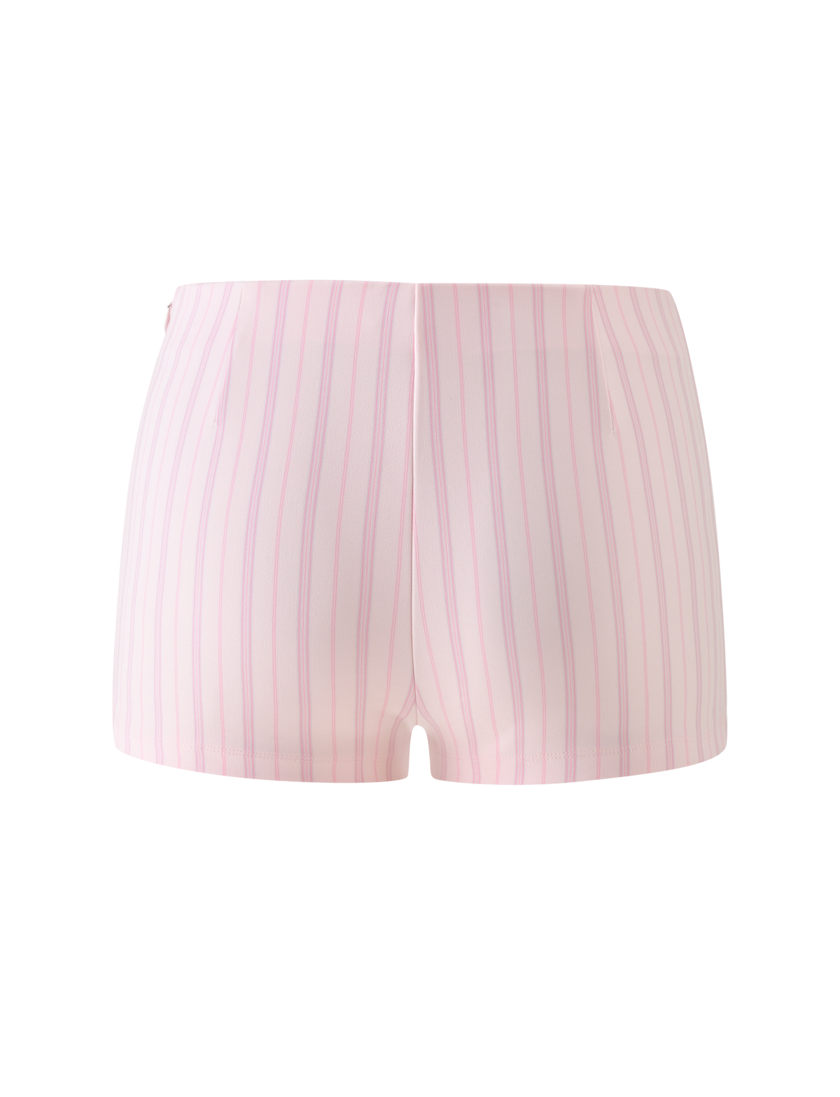 Back view of VALERIE RUFFLE HOT SHORT - PINK PINSTRIPE shorts featuring a ruffled hem.