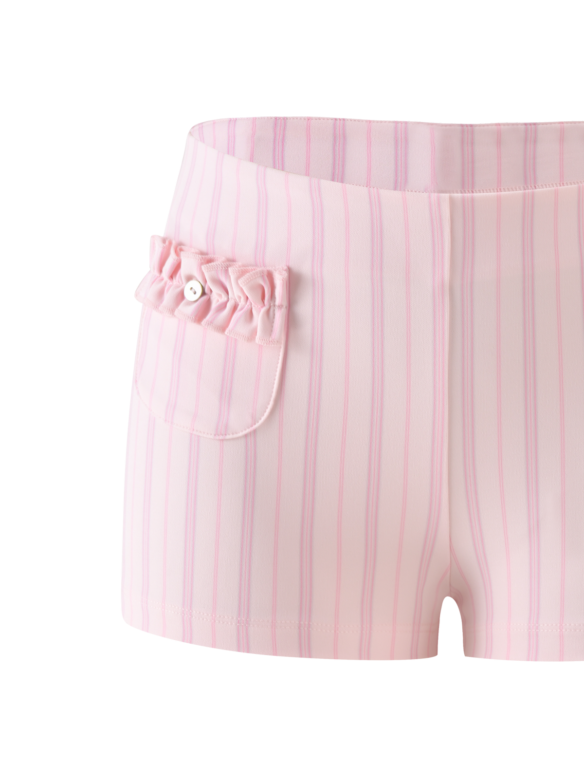 VALERIE RUFFLE HOT SHORT - PINK PINSTRIPE featuring a single button and ruffled pocket detailing.
