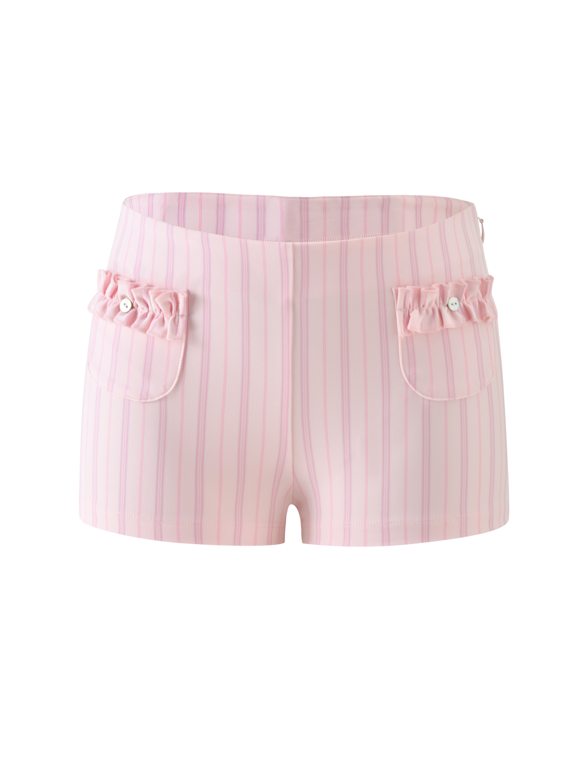 VALERIE RUFFLE HOT SHORT - PINK PINSTRIPE hot shorts featuring ruffle-trimmed front pockets with small buttons.