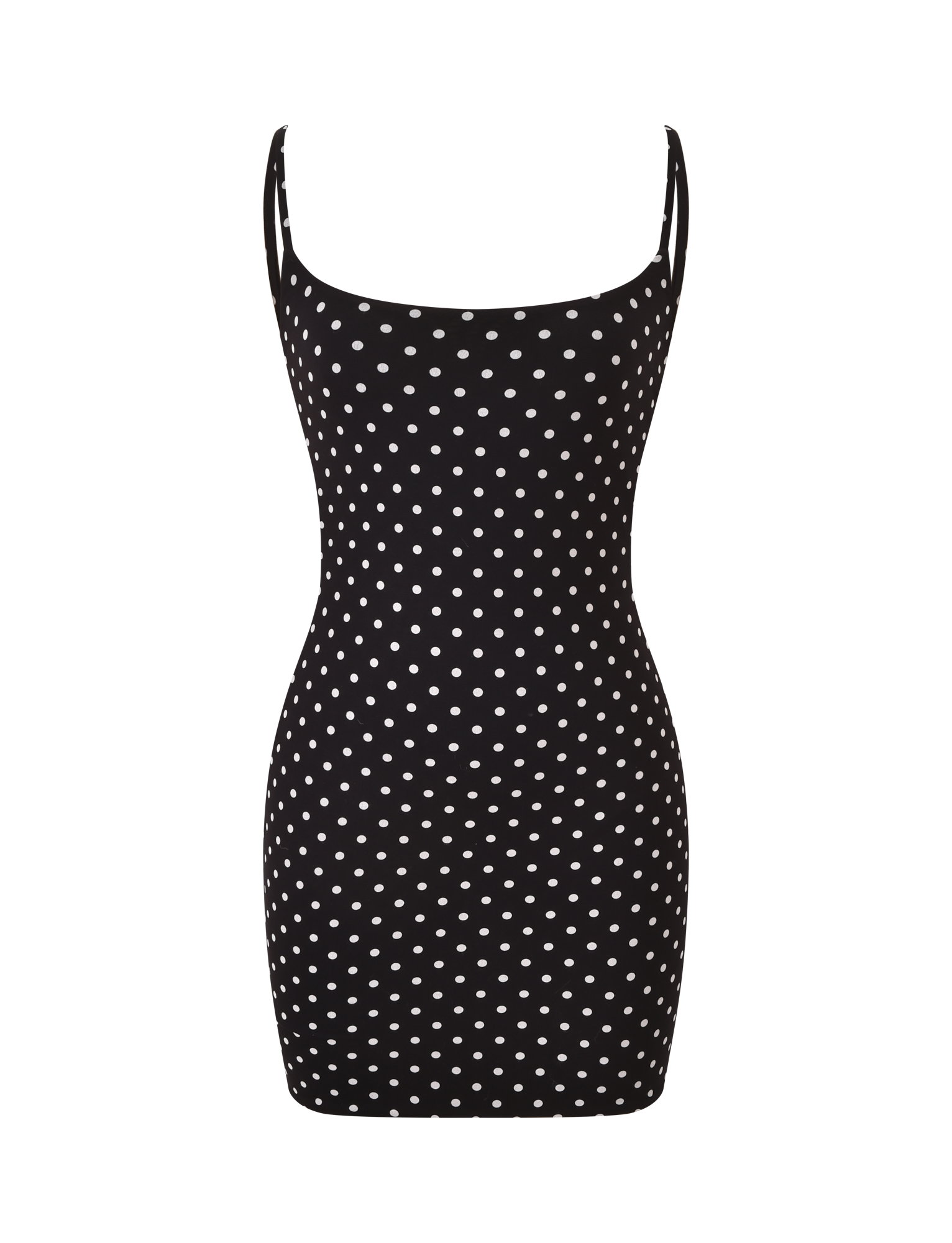 The TIGERMIST MINERVA MINI DRESS 2.0 in black polka dot features a sleeveless design, adjustable shoulder straps, and a flattering bodycon fit, shown against a plain white background.