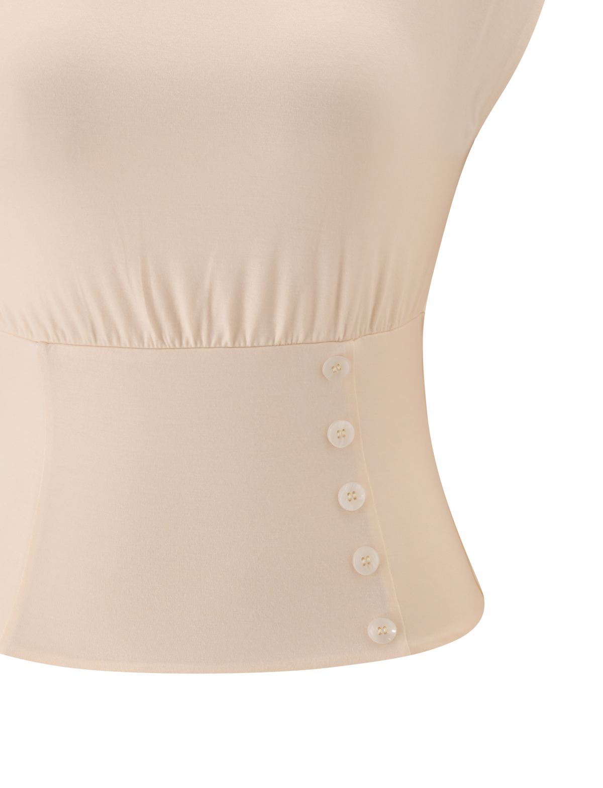 Close-up of the TIGERMIST ALYSSA OFF SHOULDER TOP in cream, highlighting the corseted waist, elastic waistband, and a row of five small white buttons on one side.