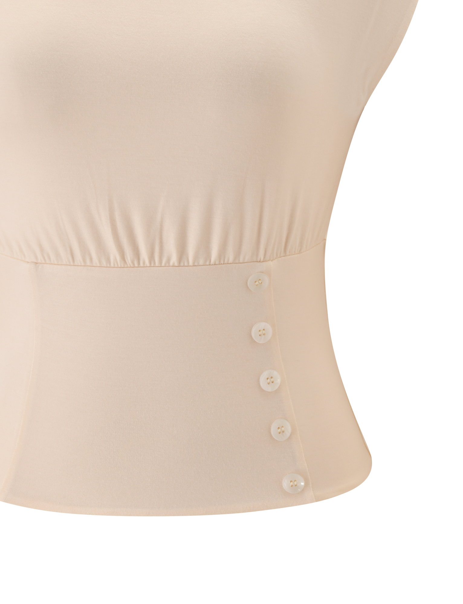 Close-up of the TIGERMIST ALYSSA OFF SHOULDER TOP in cream, highlighting the corseted waist, elastic waistband, and a row of five small white buttons on one side.