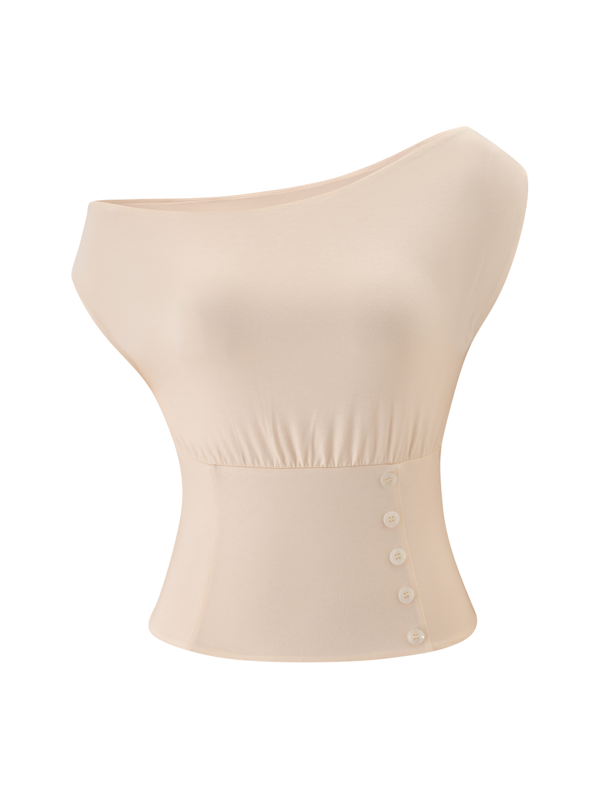 The ALYSSA OFF SHOULDER TOP by TIGERMIST is a cream, sleeveless top featuring an off-shoulder neckline, fitted waist, and five decorative side buttons. Its smooth, stretchy fabric creates a sleek, corset-inspired silhouette.